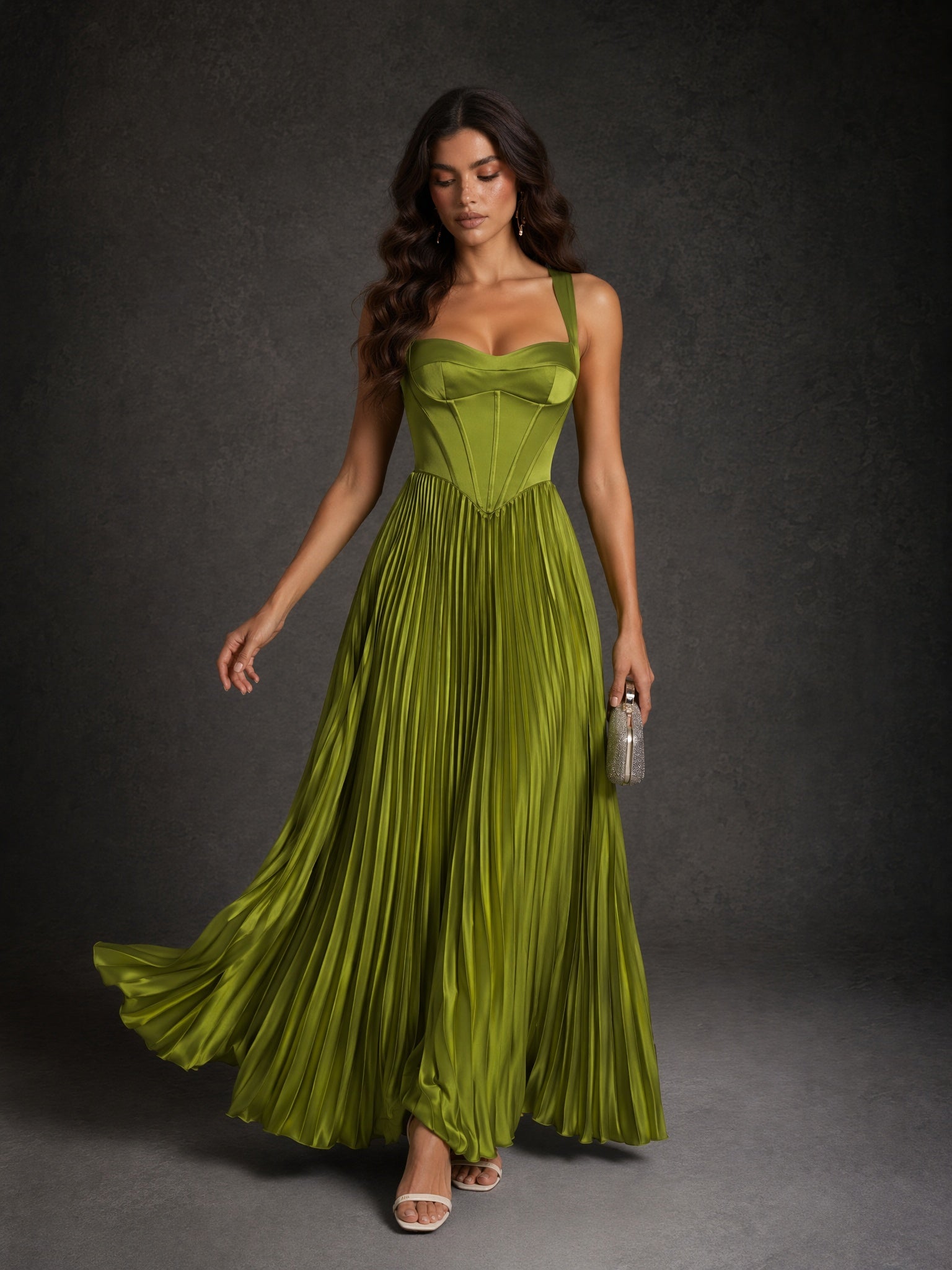 BOLODOO Olive Green Wide Strap Sweetheart Satin Boned Corset Pleated Maxi Dress with Lace-Up Back