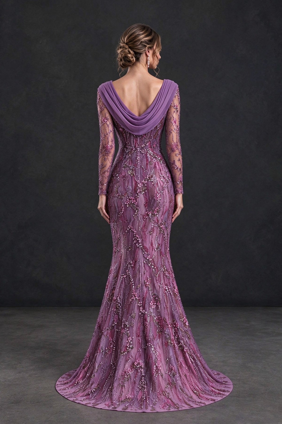 BOLODOO purple mother of the bride dress with low draped cowl back and sweep train, rear view