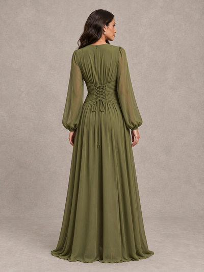 BOLODOO Olive Green Long Sleeve A-Line Bridesmaid Dress 