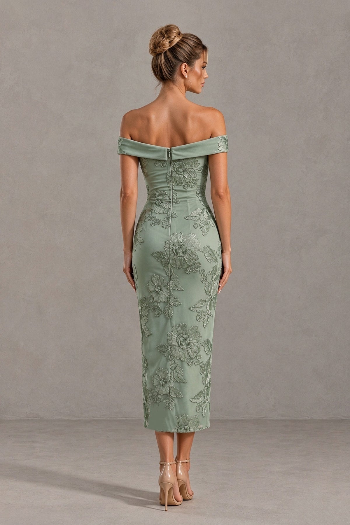 Back view of BOLODOO XX115 sage green midi dress with exposed upper back and center zipper