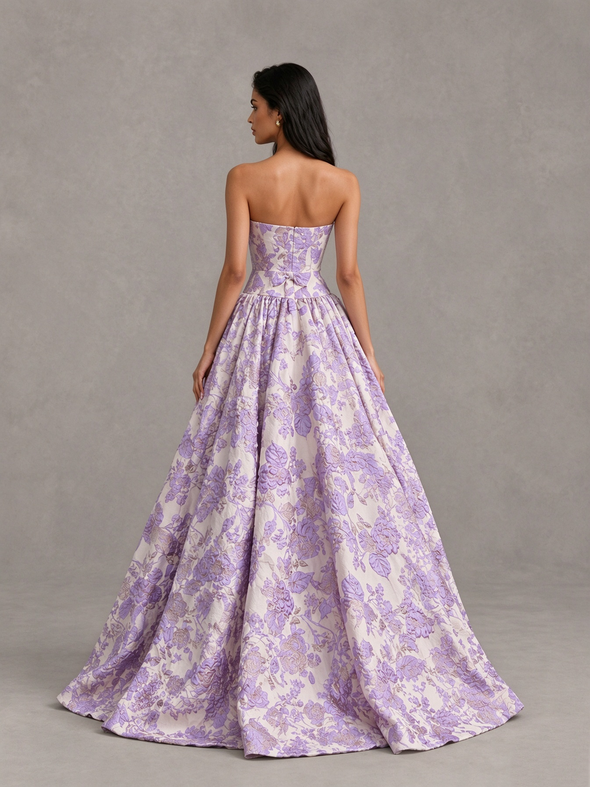 BOLODOO Lilac Floral Strapless Ball Gown Prom Dress with Bow 