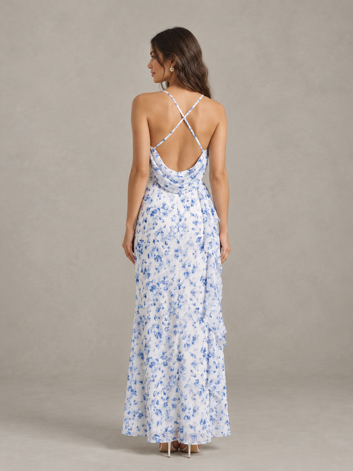 Blue Floral Bridesmaid Dress with Crisscross Open Back 