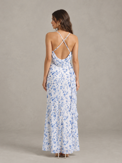 Blue Floral Bridesmaid Dress with Crisscross Open Back 