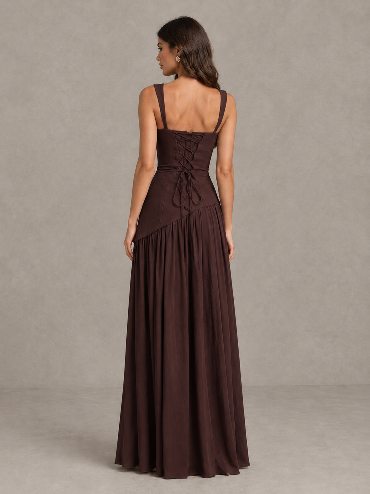 BOLODOO Chocolate Brown Scarf Bridesmaid Dress with Lace-Up Back 