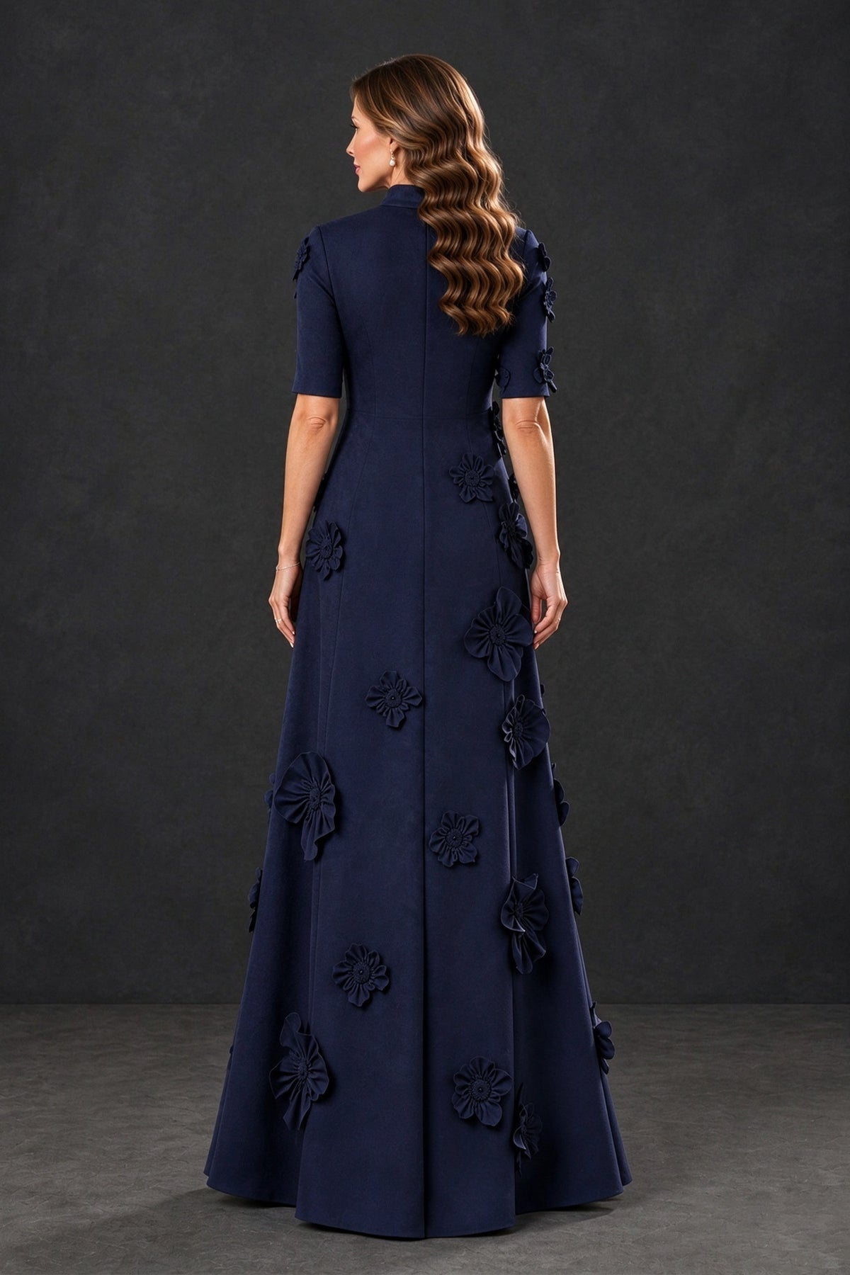 Covered back view of BOLODOO XX123 navy floral applique formal gown