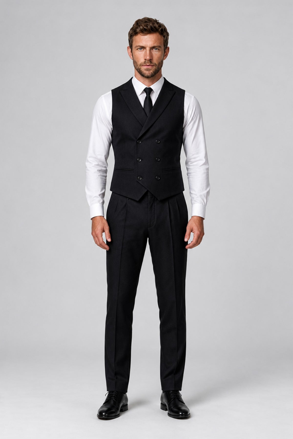 Bolodoo FQ1014 sleeveless black double-breasted vest with lapels and pointed hem, front detail