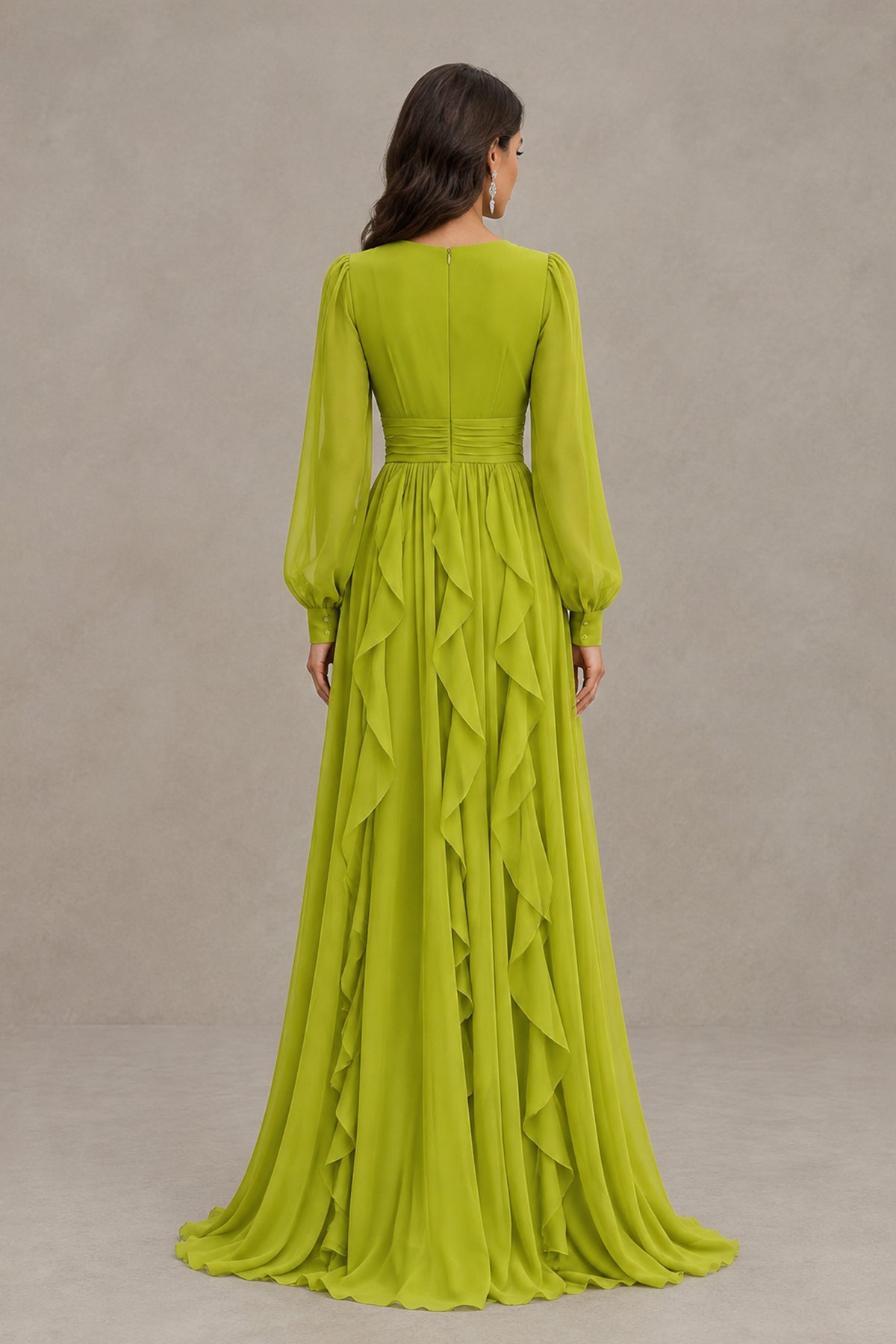 BOLODOO chartreuse ruffle maxi dress with covered back and center-back zipper, rear view