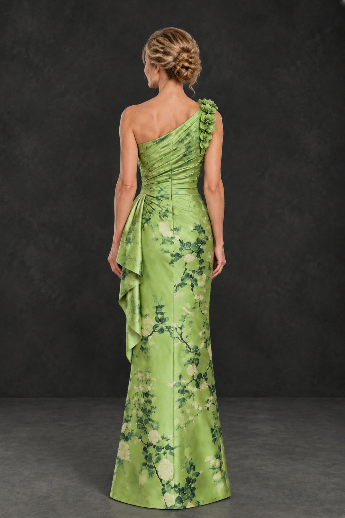 BOLODOO XX090 green floral gown with asymmetrical upper back and center-back zipper, back view