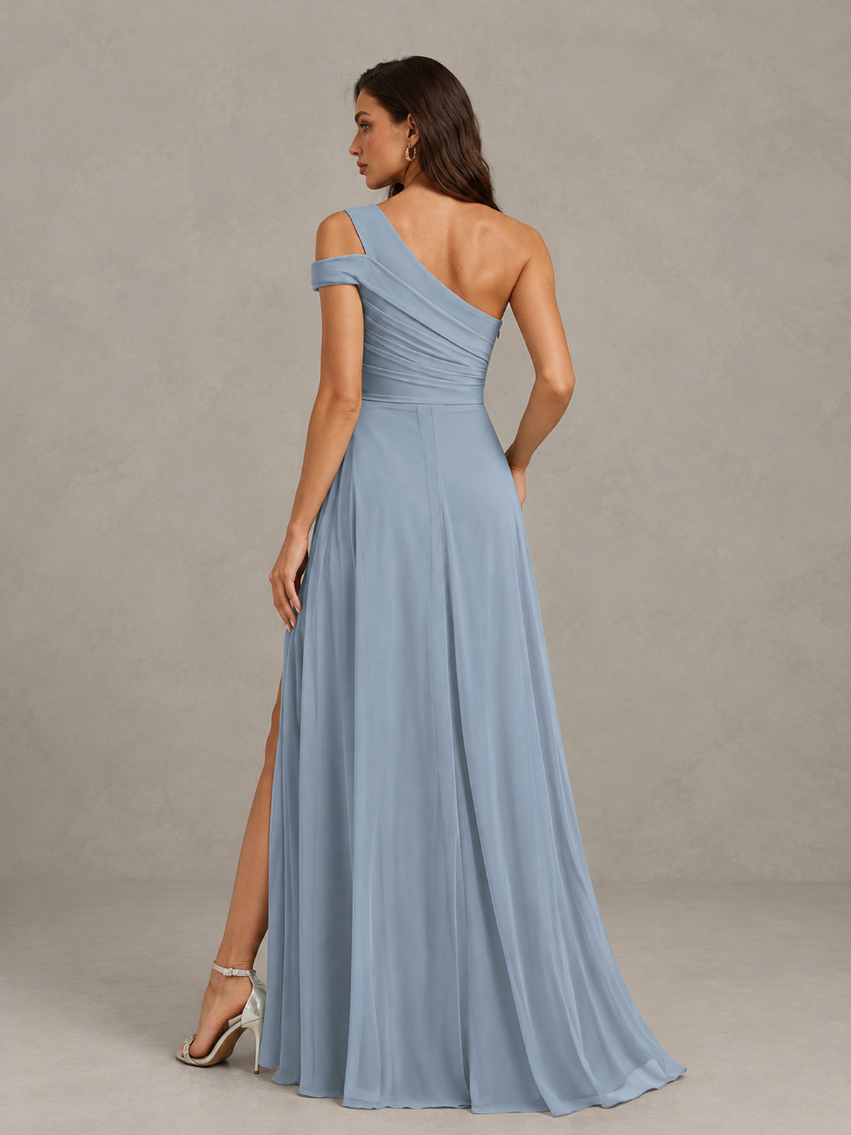 BOLODOO Dusty Blue One-Shoulder Bridesmaid Dress with Side Slit 