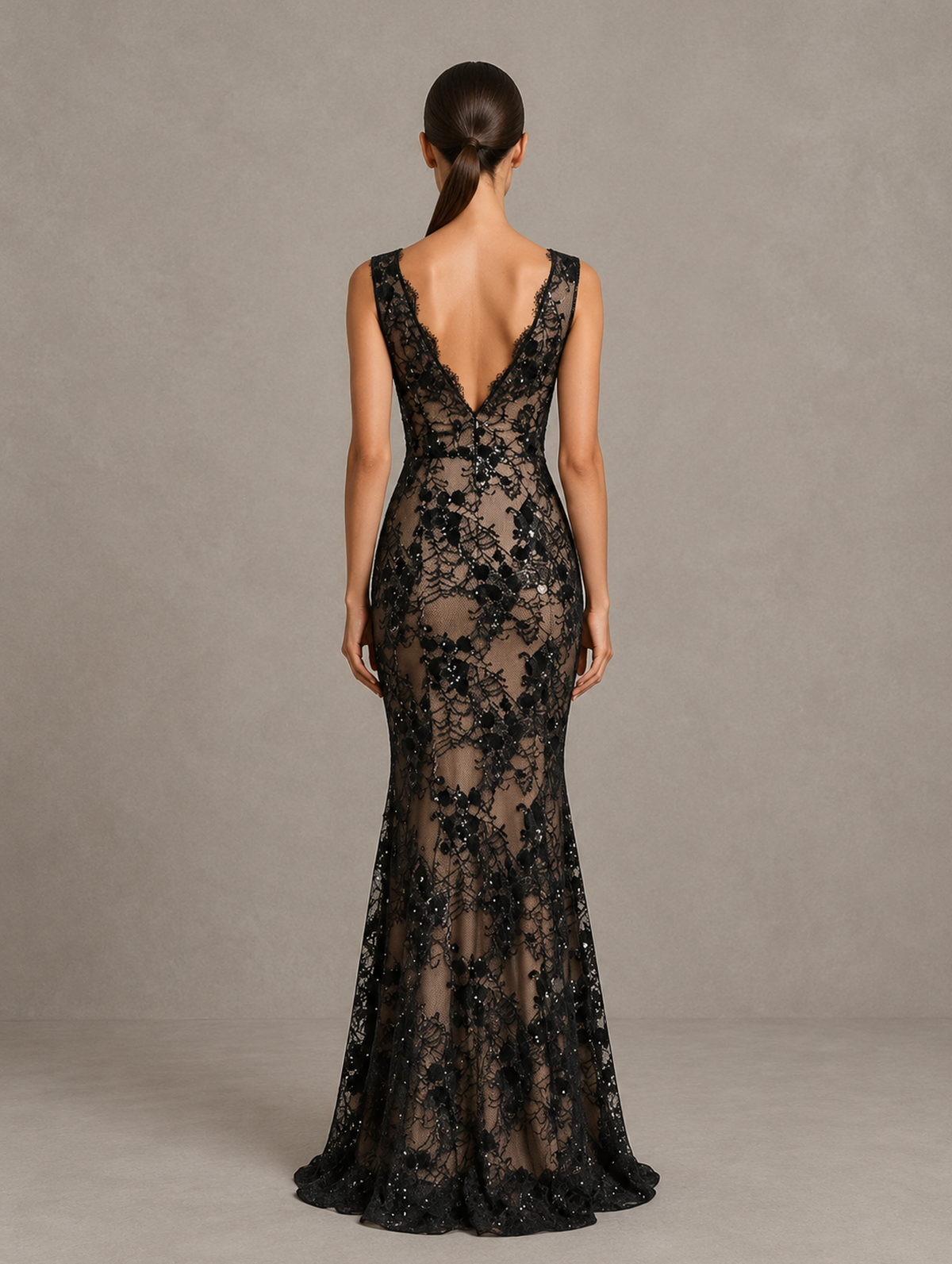 BOLODOO Black Floral Lace Sequin Mermaid Evening Gown 
