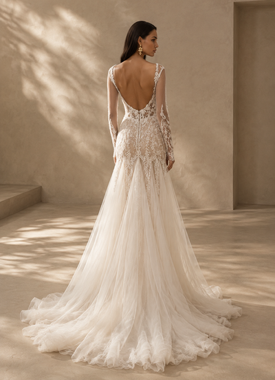 BOLODOO Ivory Lace Long Sleeve Wedding Dress with Open Back and Train 