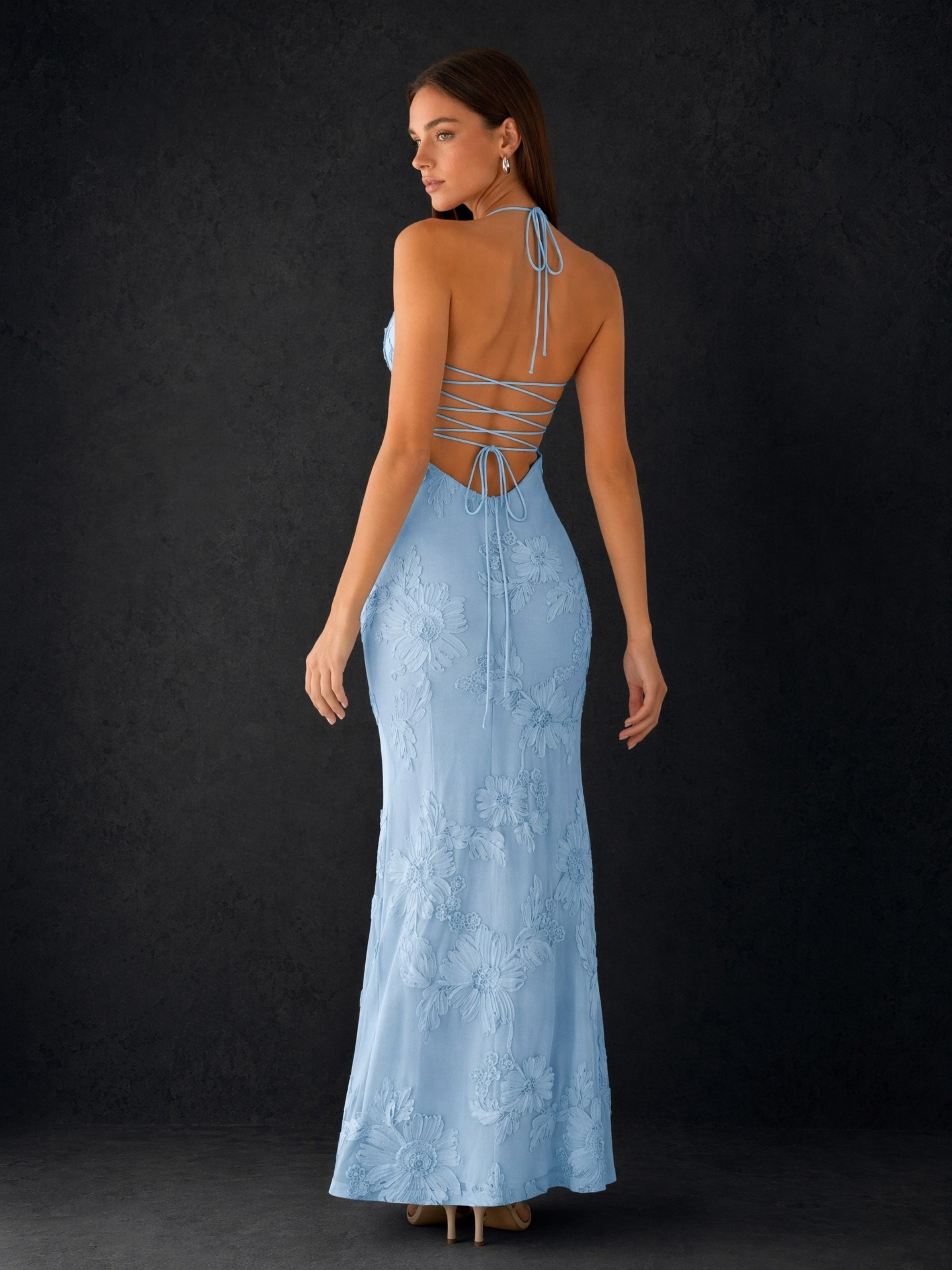 BOLODOO Sky Blue 3D Floral Embroidered Halter Sweetheart Lace-Up Open Back Mermaid Maxi Dress - Front Full Length Side View