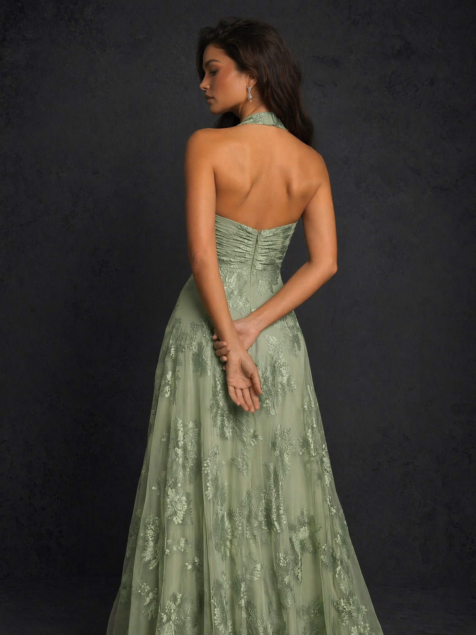 BOLODOO Sage Green Gold Sequin Halter V-Neck Twist Knot A-Line Maxi Dress - Front Full Length Static View