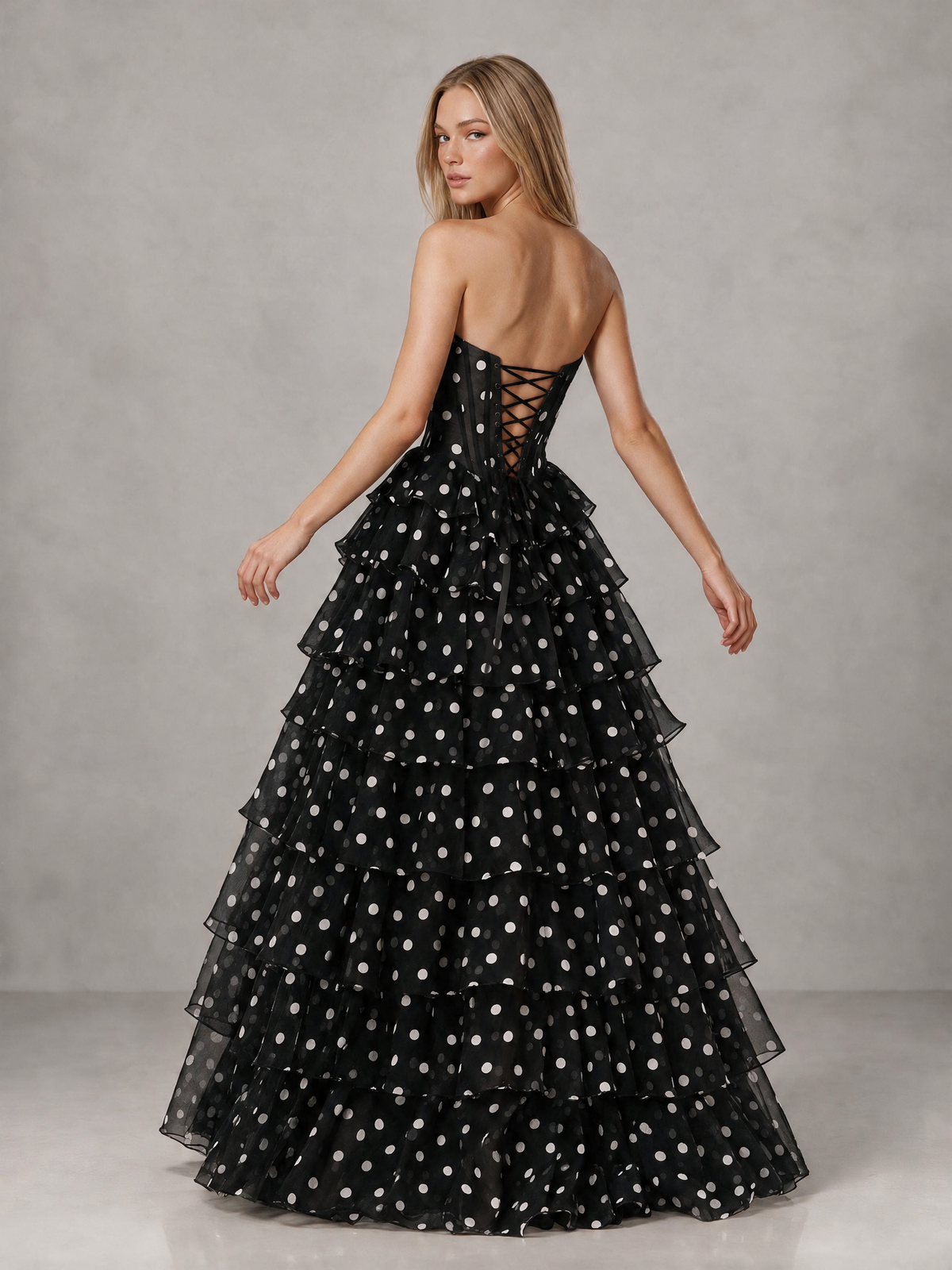 BOLODOO Black Polka Dot Strapless Tiered Prom Dress with High Slit 