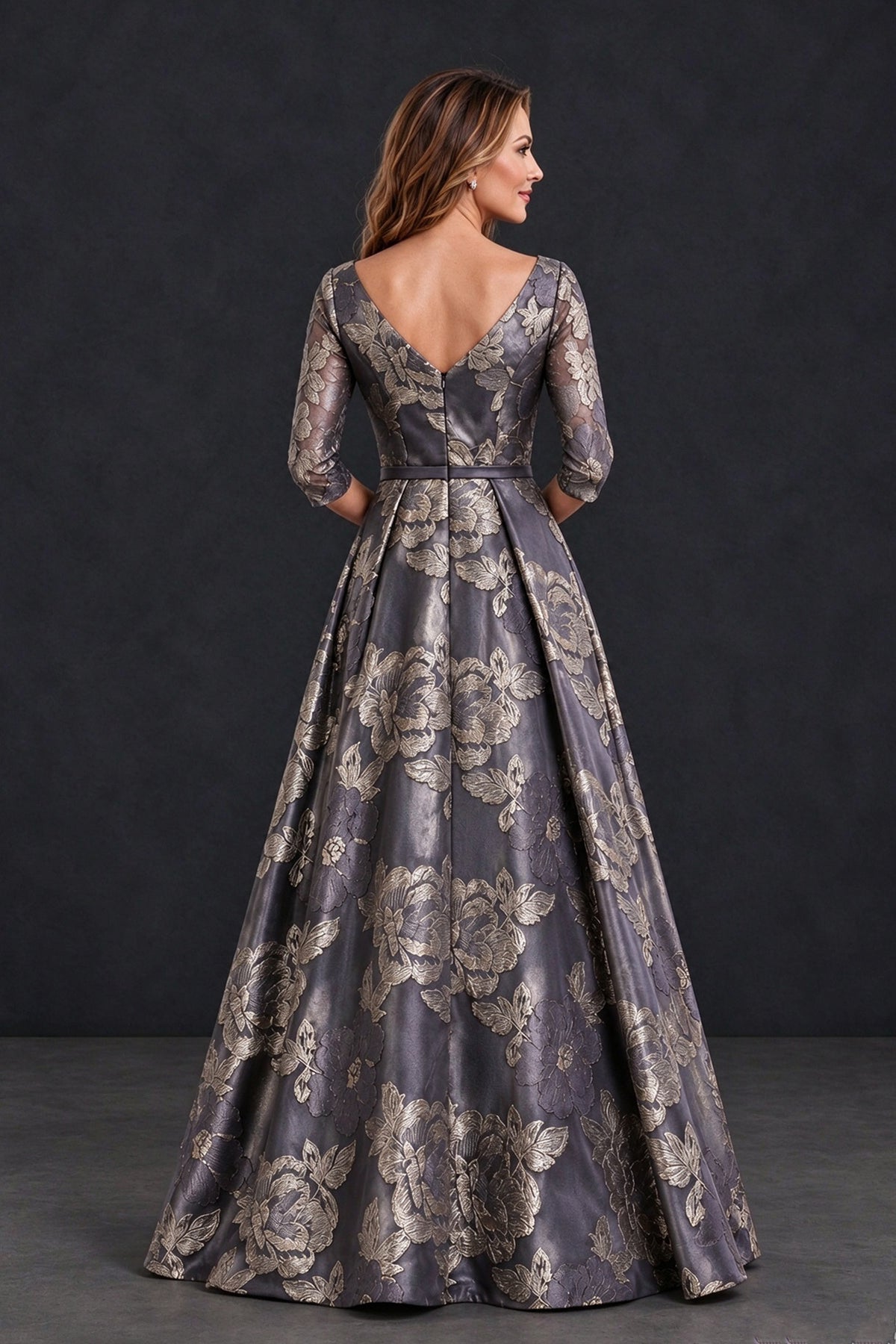 BOLODOO XX108 grey floral mother of the bride gown, back view showing V-back and full skirt
