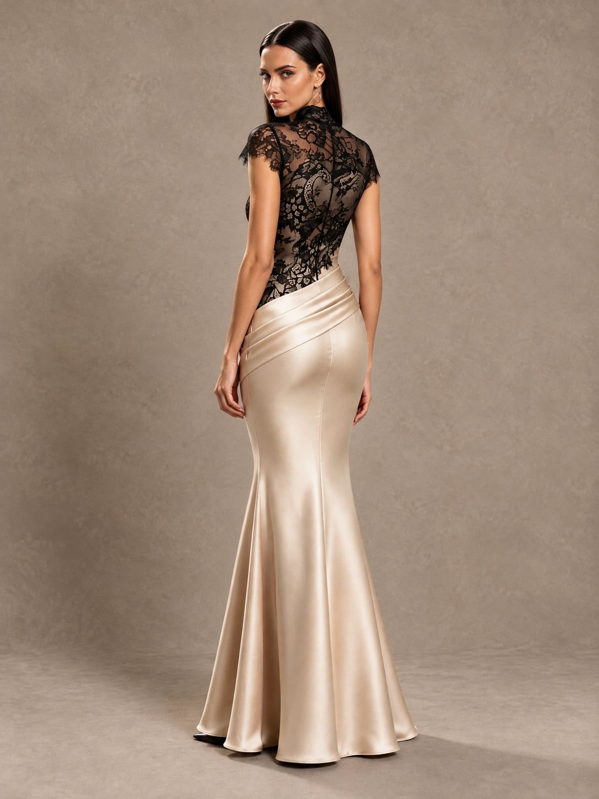 BOLODOO Black Lace Champagne Satin Mermaid Wedding Guest Dress 