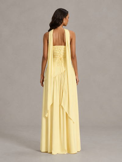 Light Yellow Strapless Bridesmaid Dress with Scarf & High Slit 