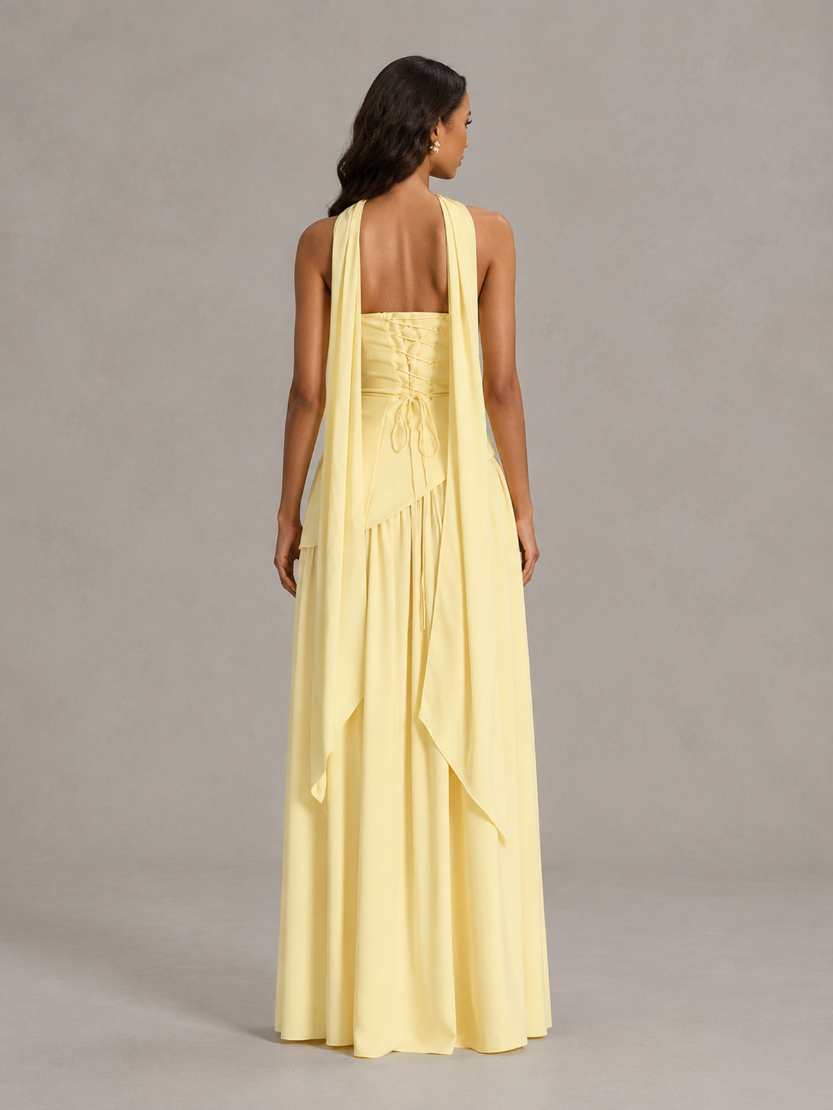 Light Yellow Strapless Bridesmaid Dress with Scarf & High Slit 