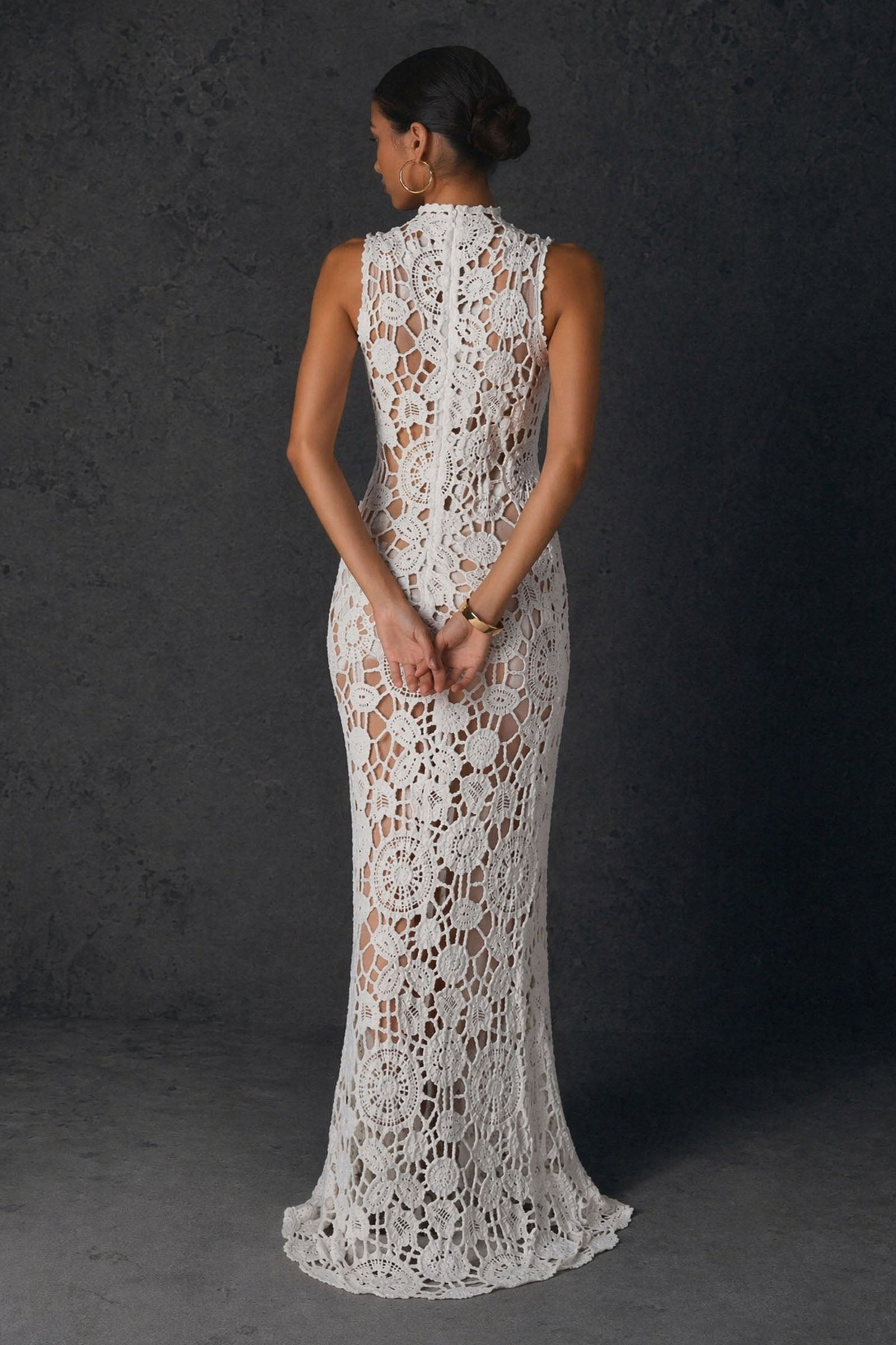 BOLODOO white crochet lace high neck sleeveless sheer mermaid maxi dress - front full length view