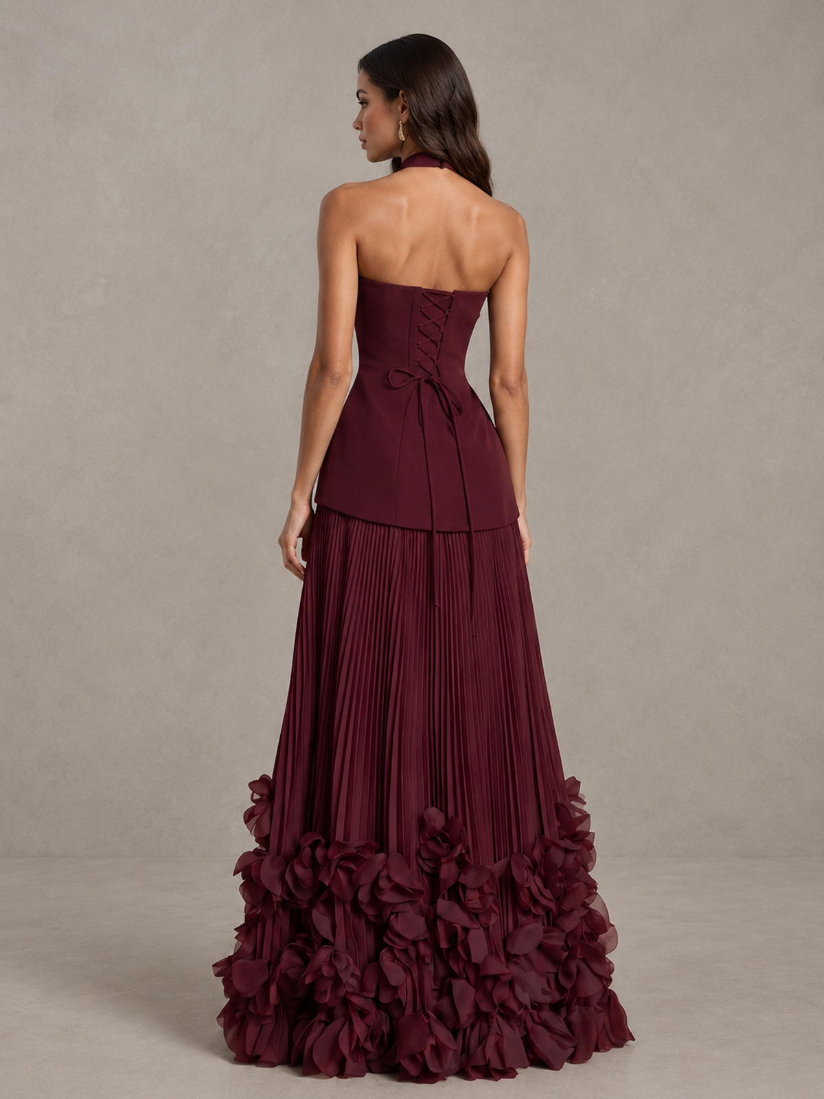 BOLODOO Burgundy Halter Neck Floor-Length Evening Gown with High Slit & 3D Floral Hem 