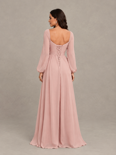BOLODOO Dusty Rose Long Sleeve Chiffon Bridesmaid Dress with Slit 