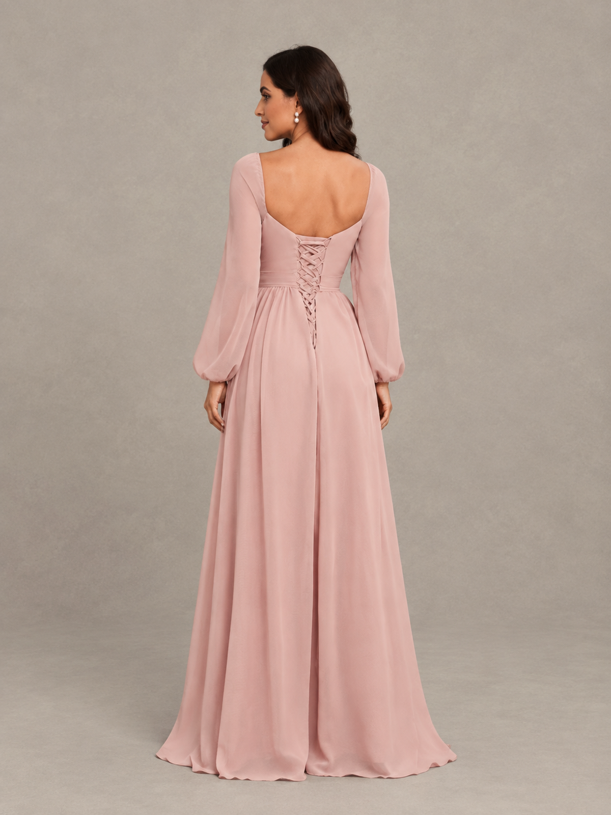 BOLODOO Dusty Rose Long Sleeve Chiffon Bridesmaid Dress with Slit 