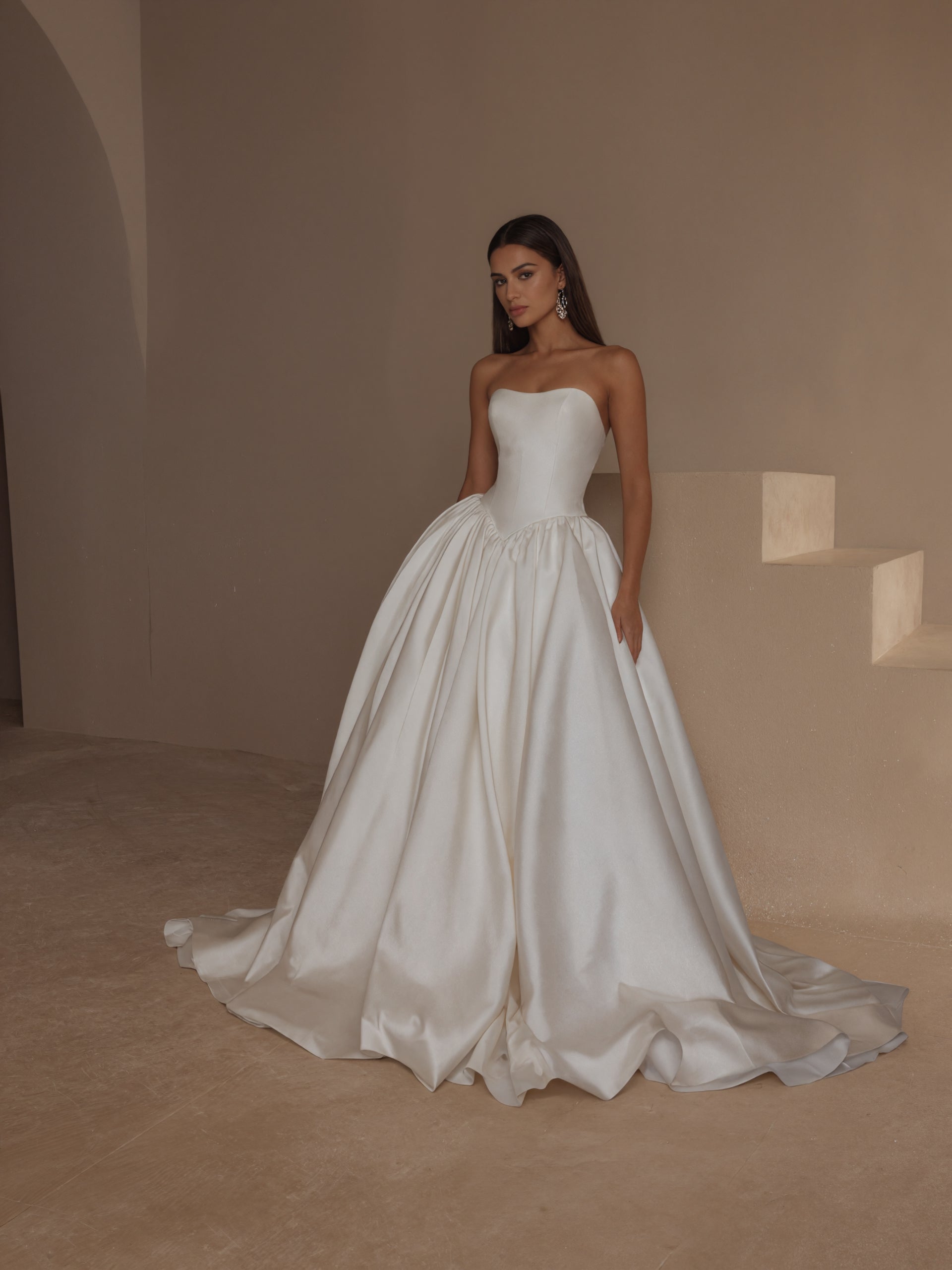 BOLODOO Ivory Strapless Boned Corset Satin Ball Gown Wedding Dress - full front view with train