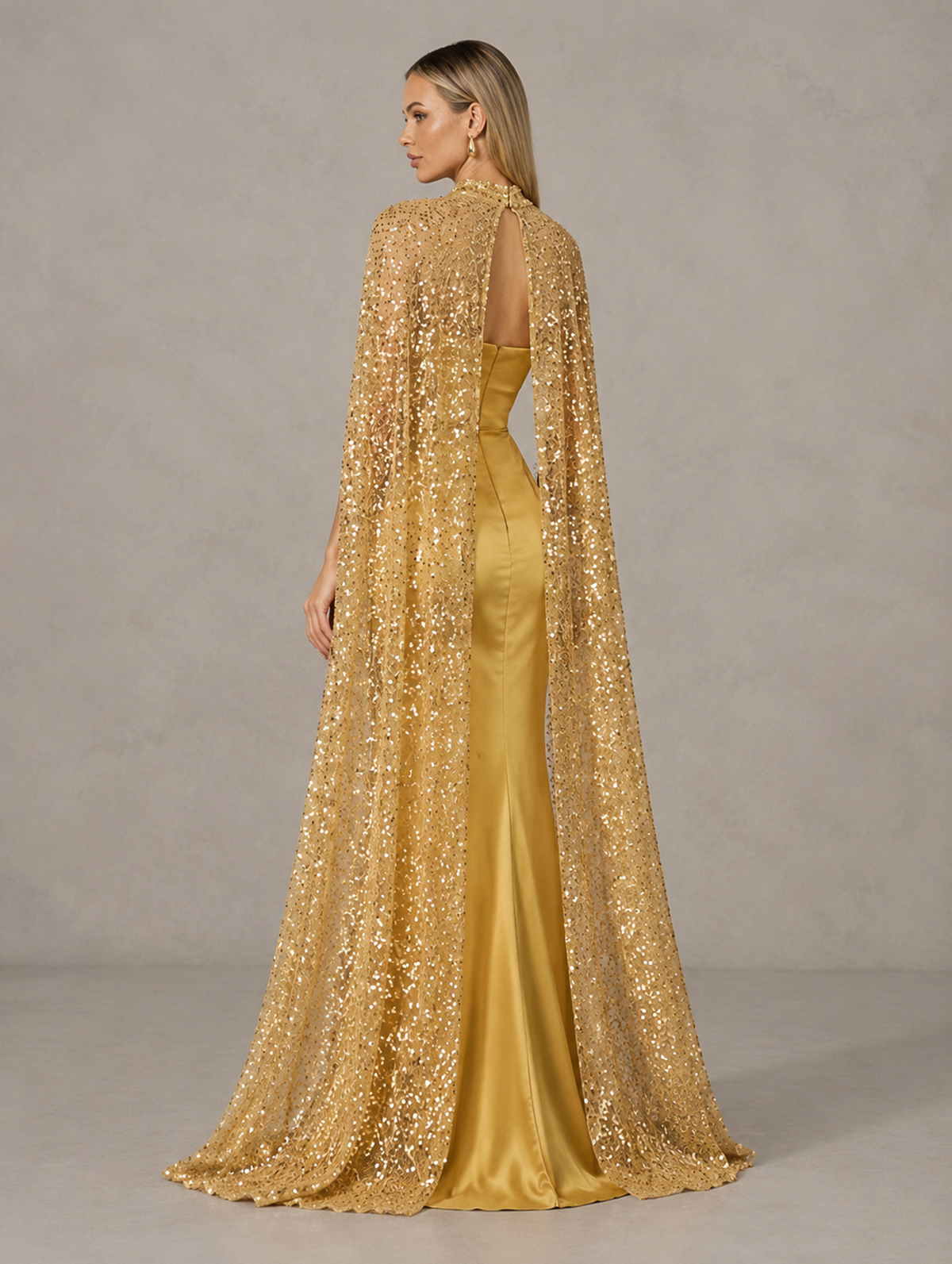 BOLODOO Gold Strapless Satin-Look Evening Gown with Sequin Cape 