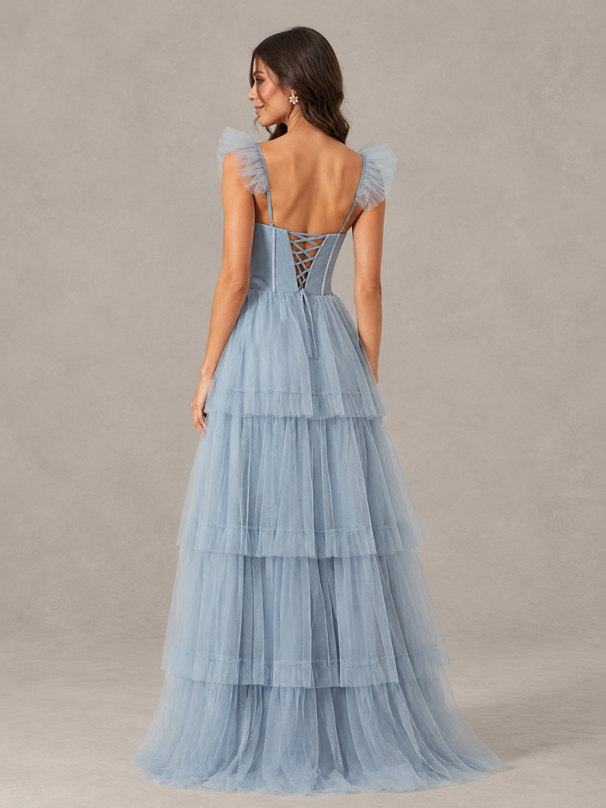 BOLODOO Dusty Blue Tiered Tulle Bridesmaid Dress with Slit 