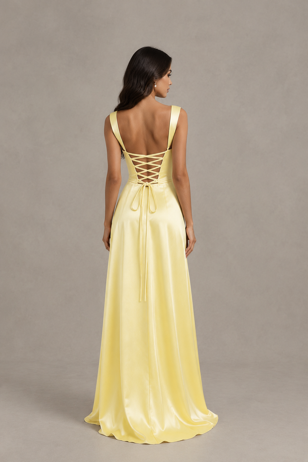 BOLODOO Butter Yellow Satin Lace-Up Bridesmaid Dress with Slit 