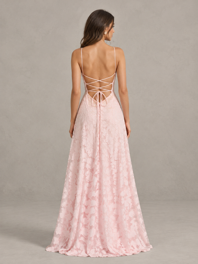 BOLODOO Blush Pink Floral Appliqué Slit Maxi Dress 