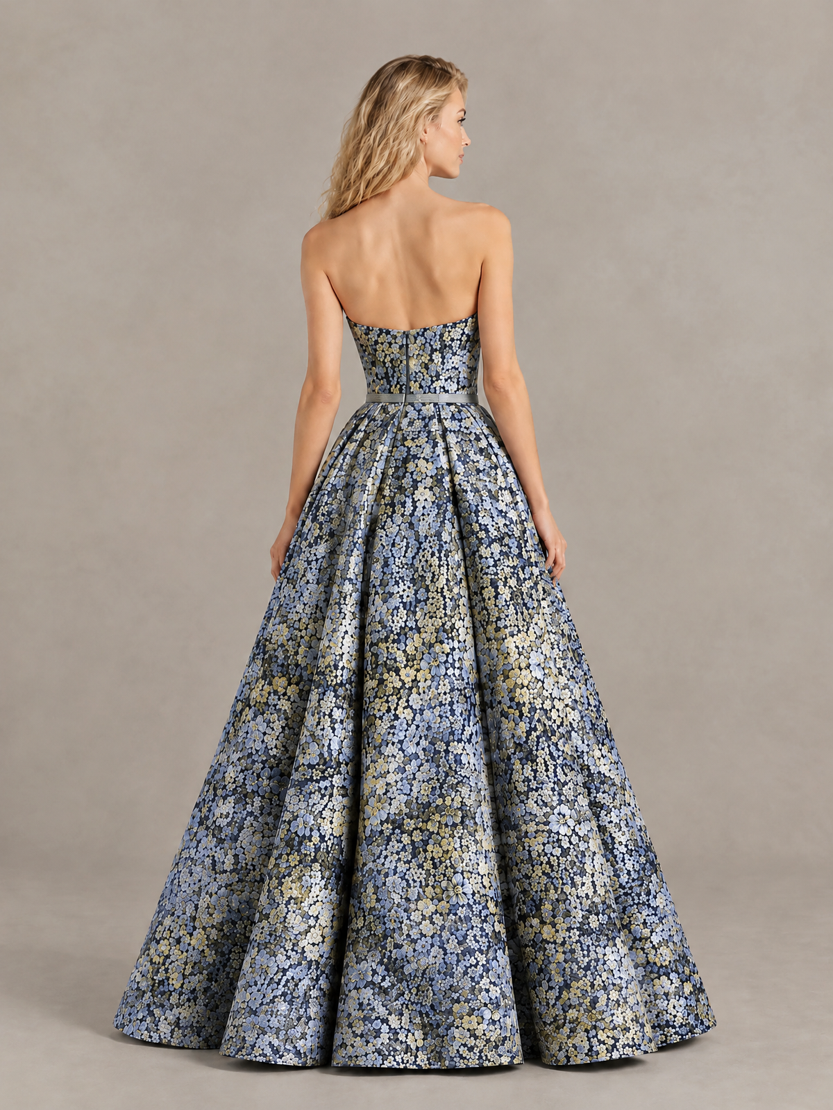 BOLODOO Blue Grey Floral Strapless A-Line Evening Gown 