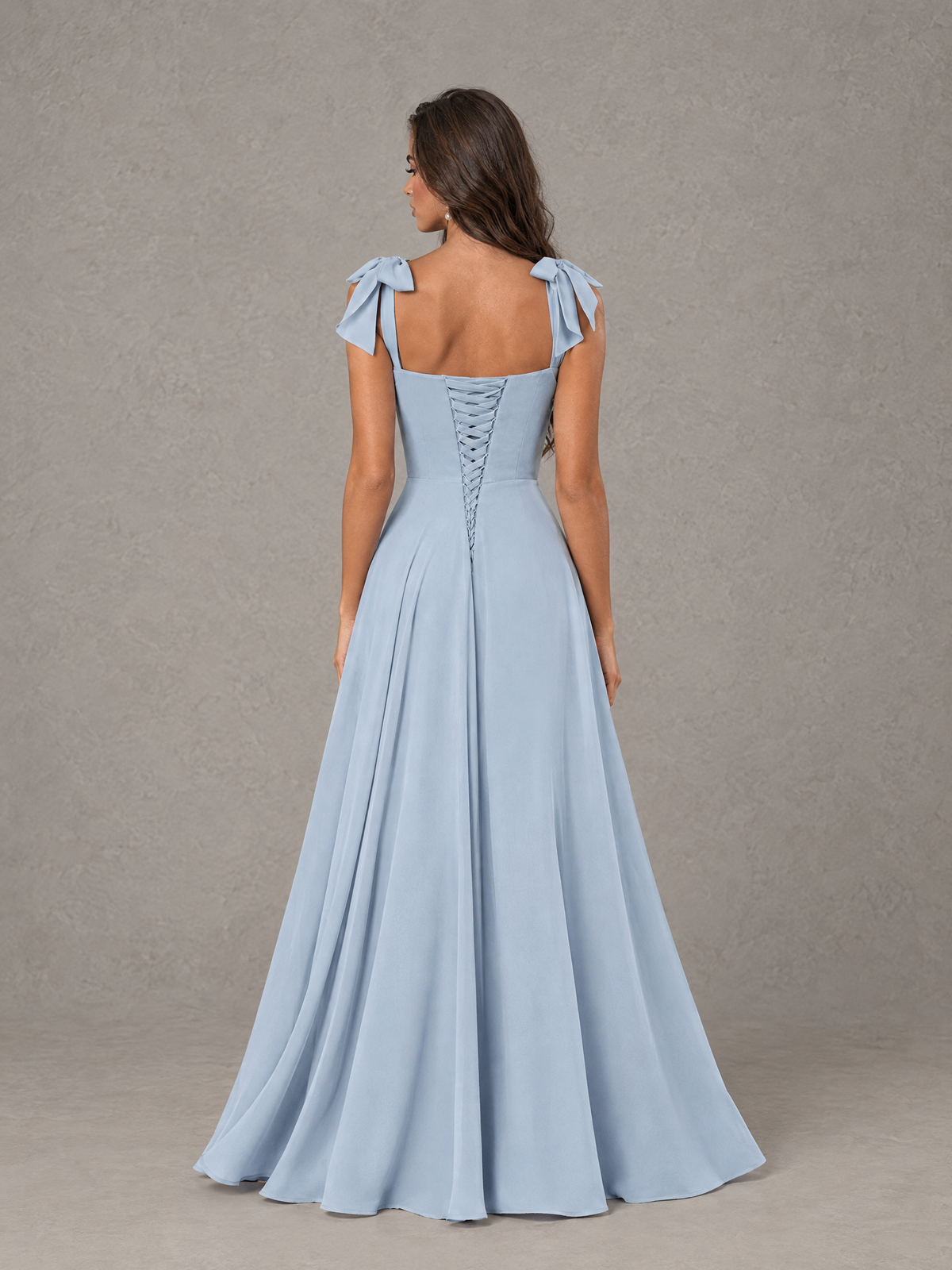 BOLODOO Light Blue Bow-Strap Bridesmaid Dress with Ruffle Slit 