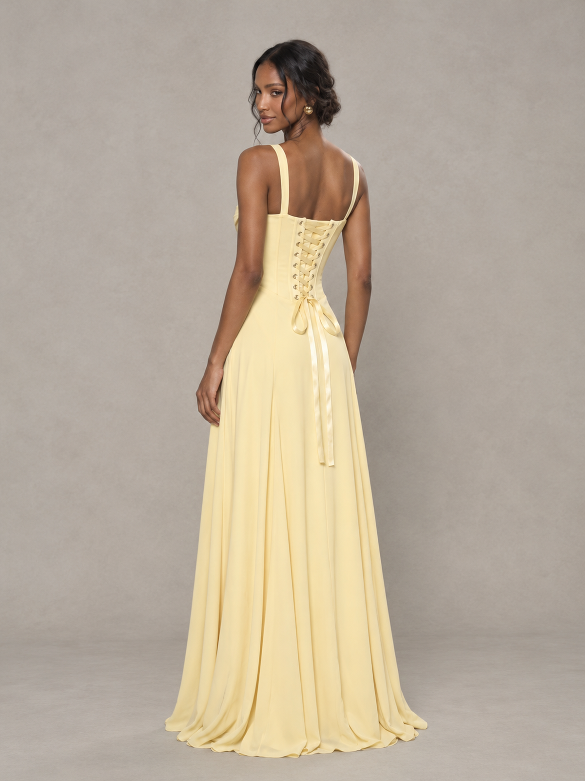 BOLODOO Light Yellow Sweetheart Lace-Up Back Bridesmaid Dress 