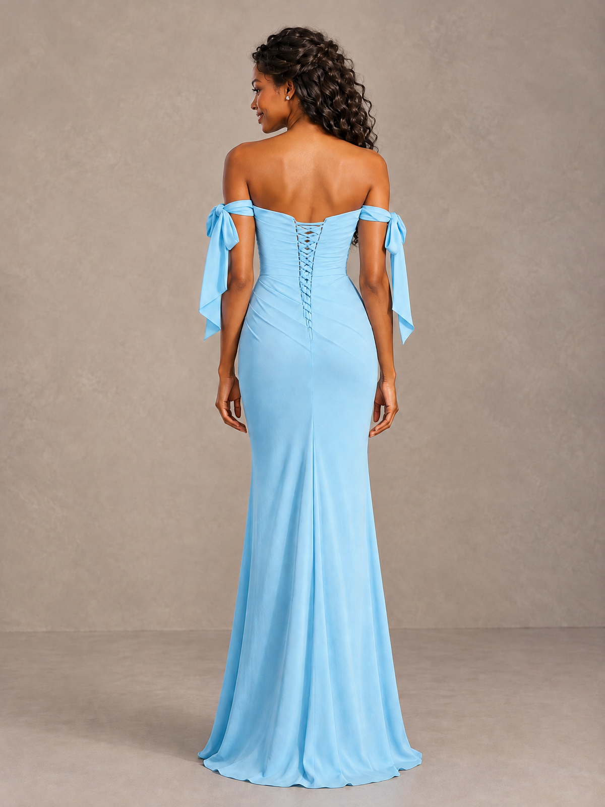 Sky Blue Off-Shoulder Bow Bridesmaid Dress with Slit 