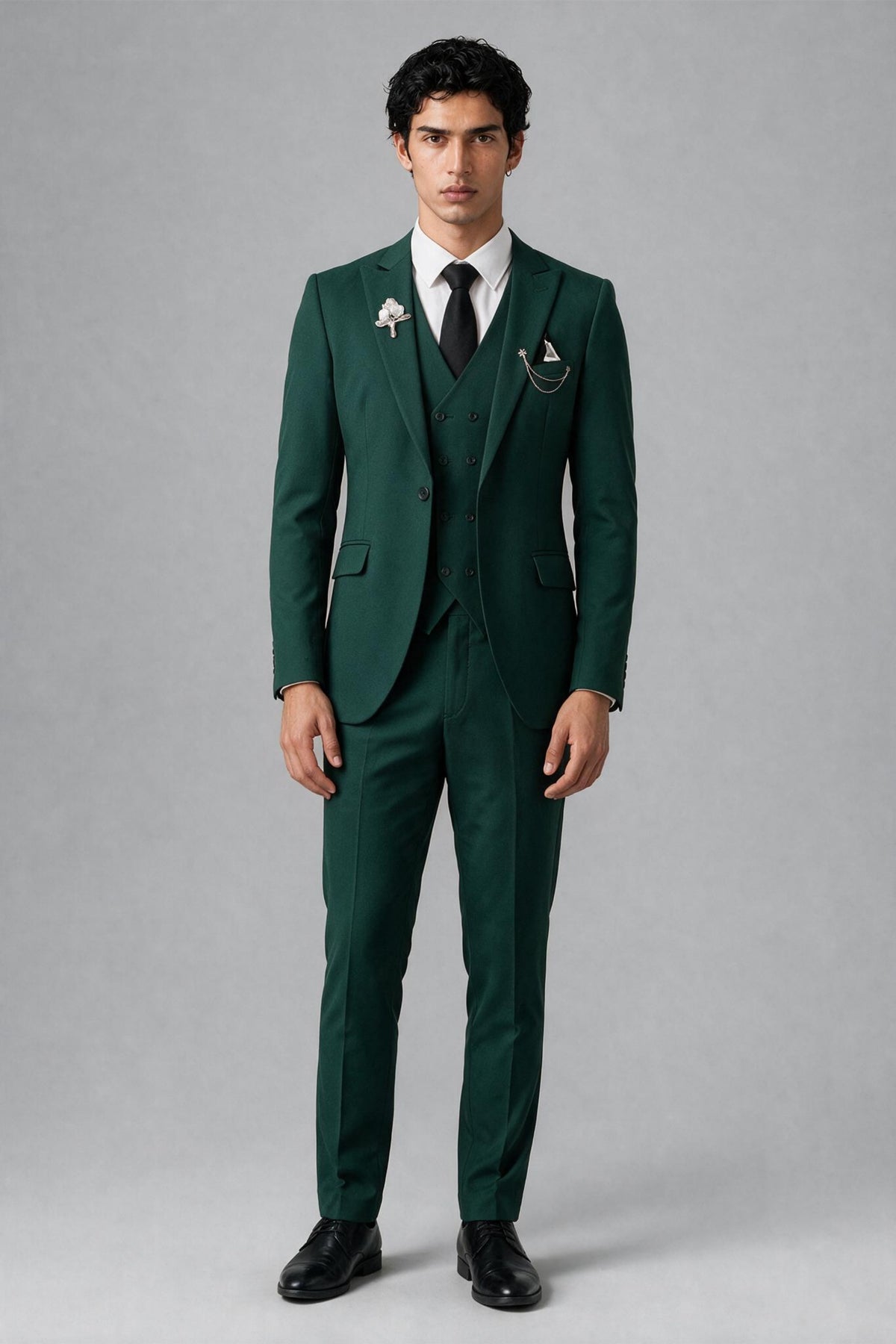 Bolodoo FQ1007 dark green men's two-piece suit jacket and trousers, full-length back view