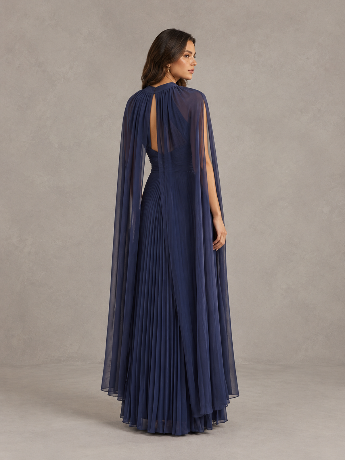 BOLODOO Navy Blue Pleated Cape Maxi Wedding Guest Dress 