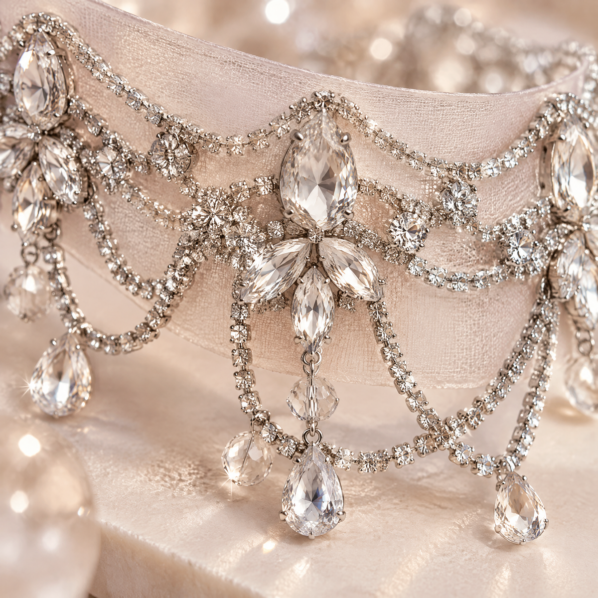 Close-up of clear faceted stones, floral clusters and draped chains on BOLODOO bridal choker