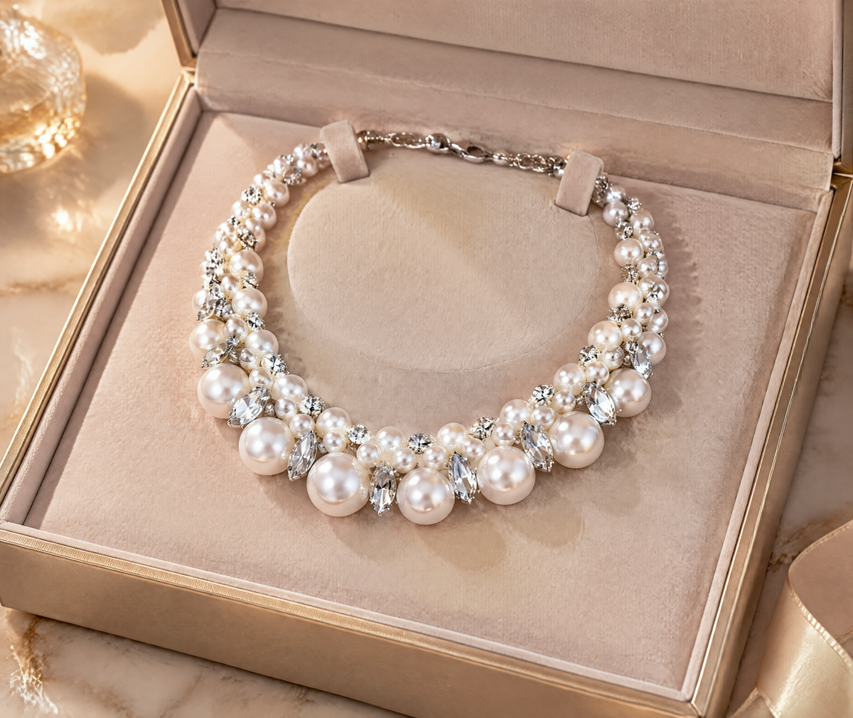 BOLODOO EE0007 silver-tone bridal necklace with graduated pearl-look beads displayed in a box