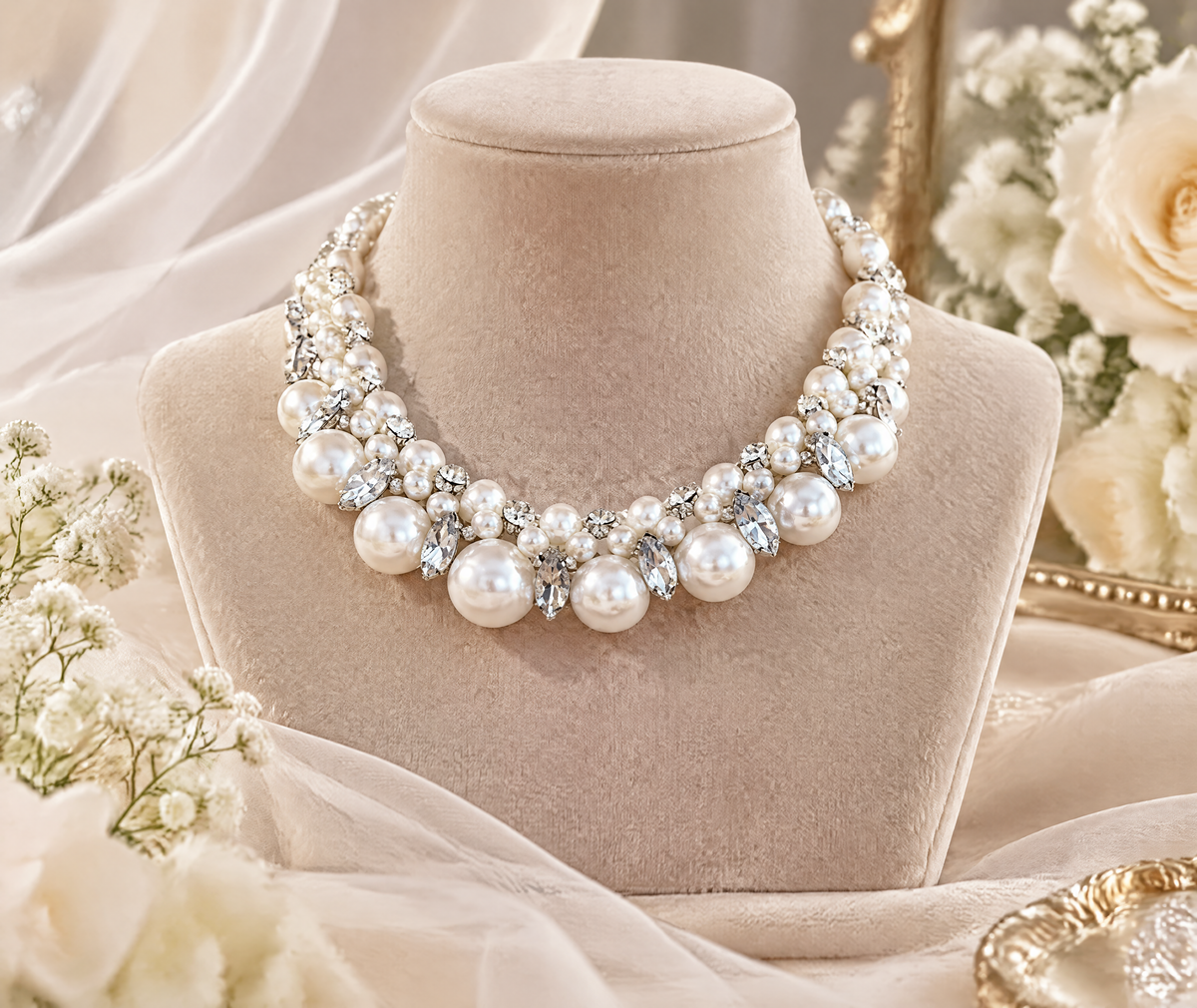 BOLODOO ivory pearl-look and clear stone collar necklace on a display bust