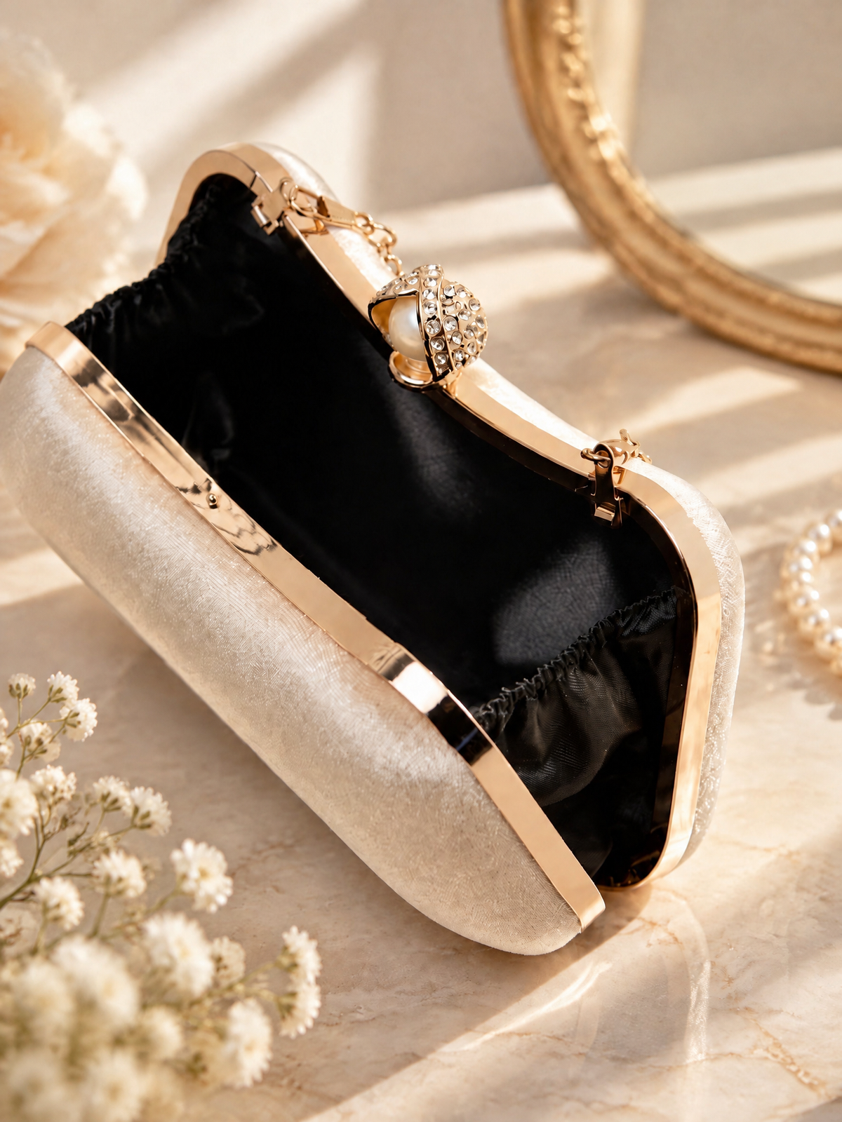 BOLODOO XCD063 evening clutch opened to show black fabric lining and gold-tone clasp frame