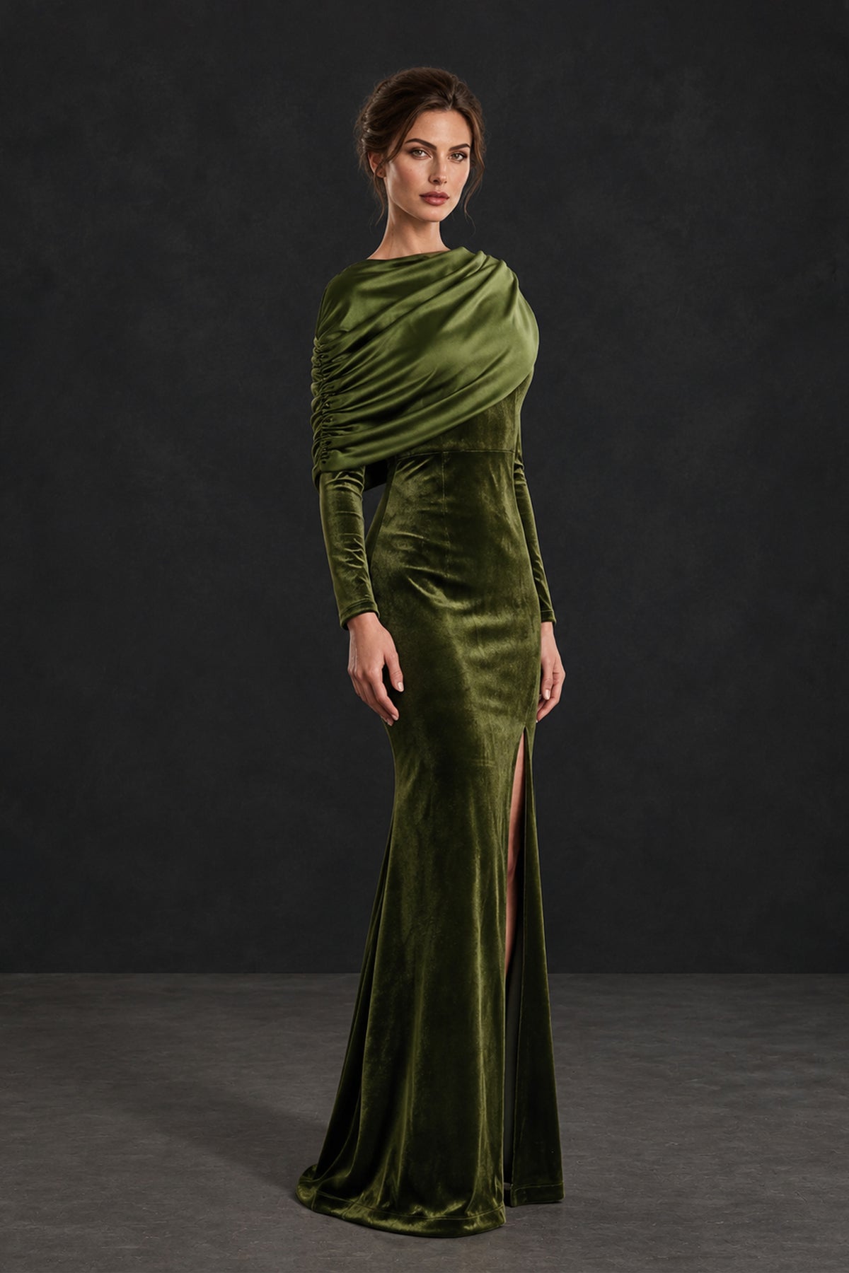 Three-quarter view of BOLODOO XX075 green long sleeve gown with shawl-style draping and front-side slit