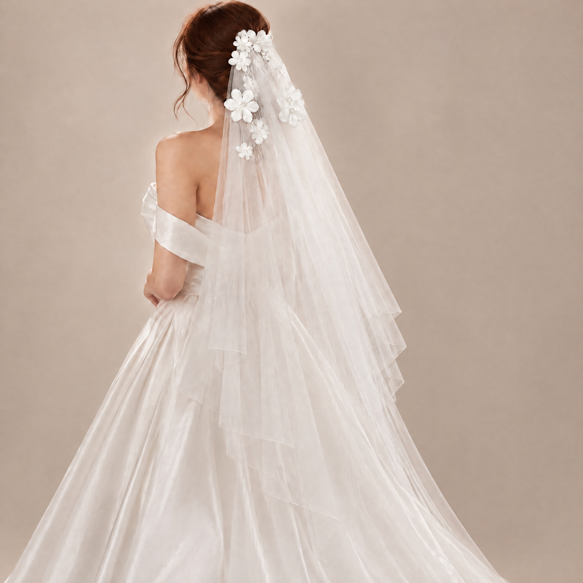 BOLODOO EE0009 white floral tulle bridal veil with cascading layers, rear styling view