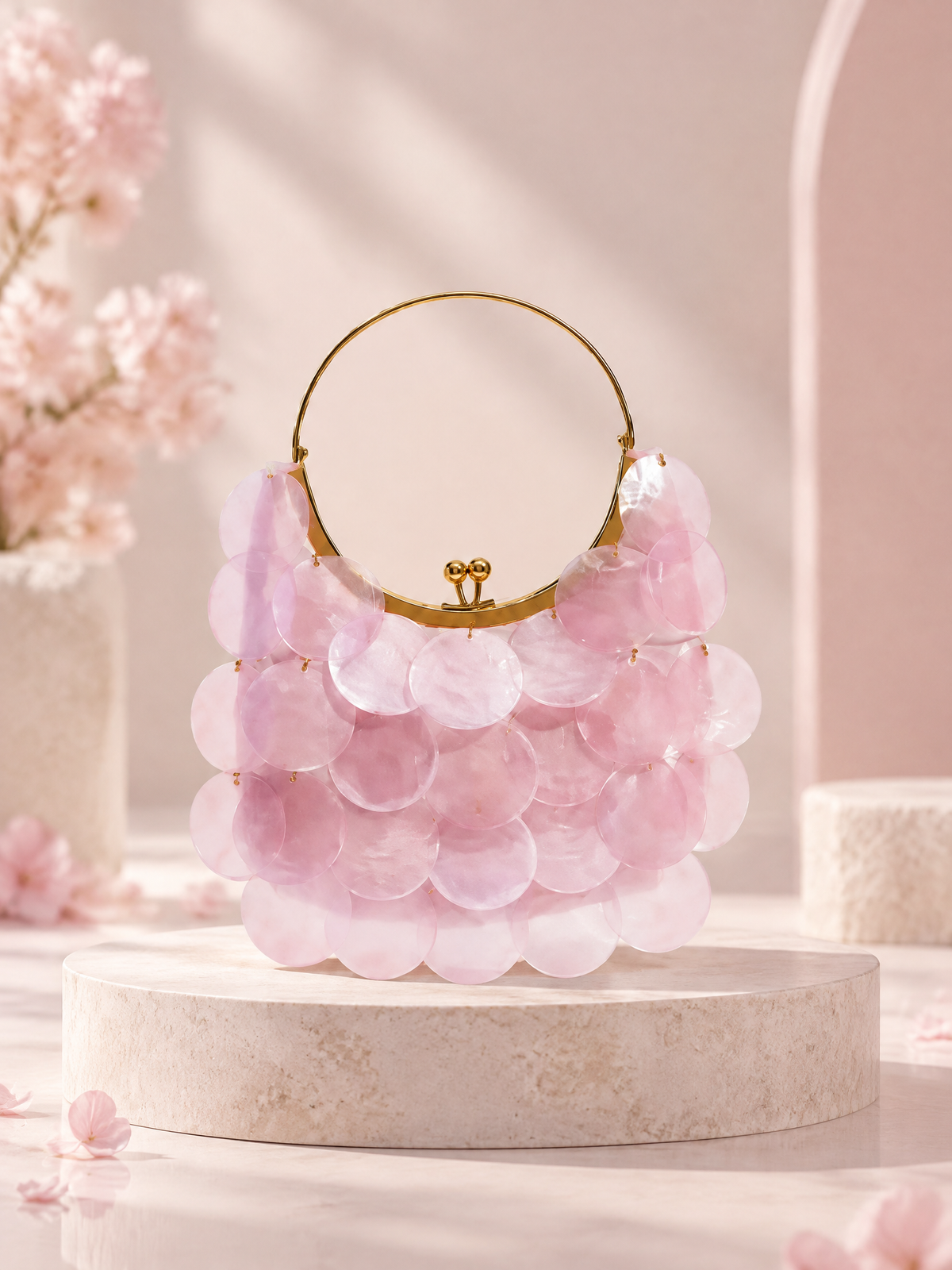 BOLODOO pink sequin disc evening bag with gold ring handle, front view