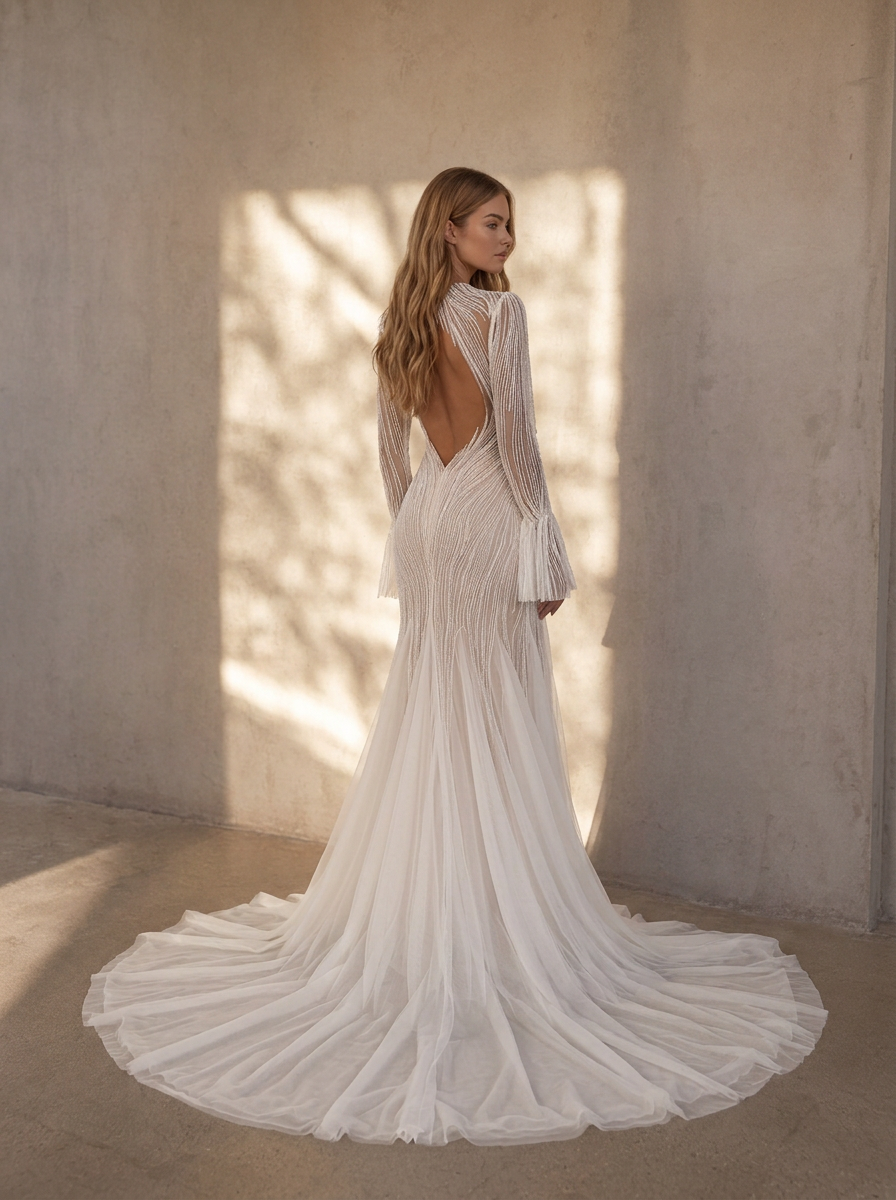 BOLODOO ivory pearl beaded deep V-neck long bell sleeve chiffon A-line backless wedding dress - back view showing low open V-back and chapel train