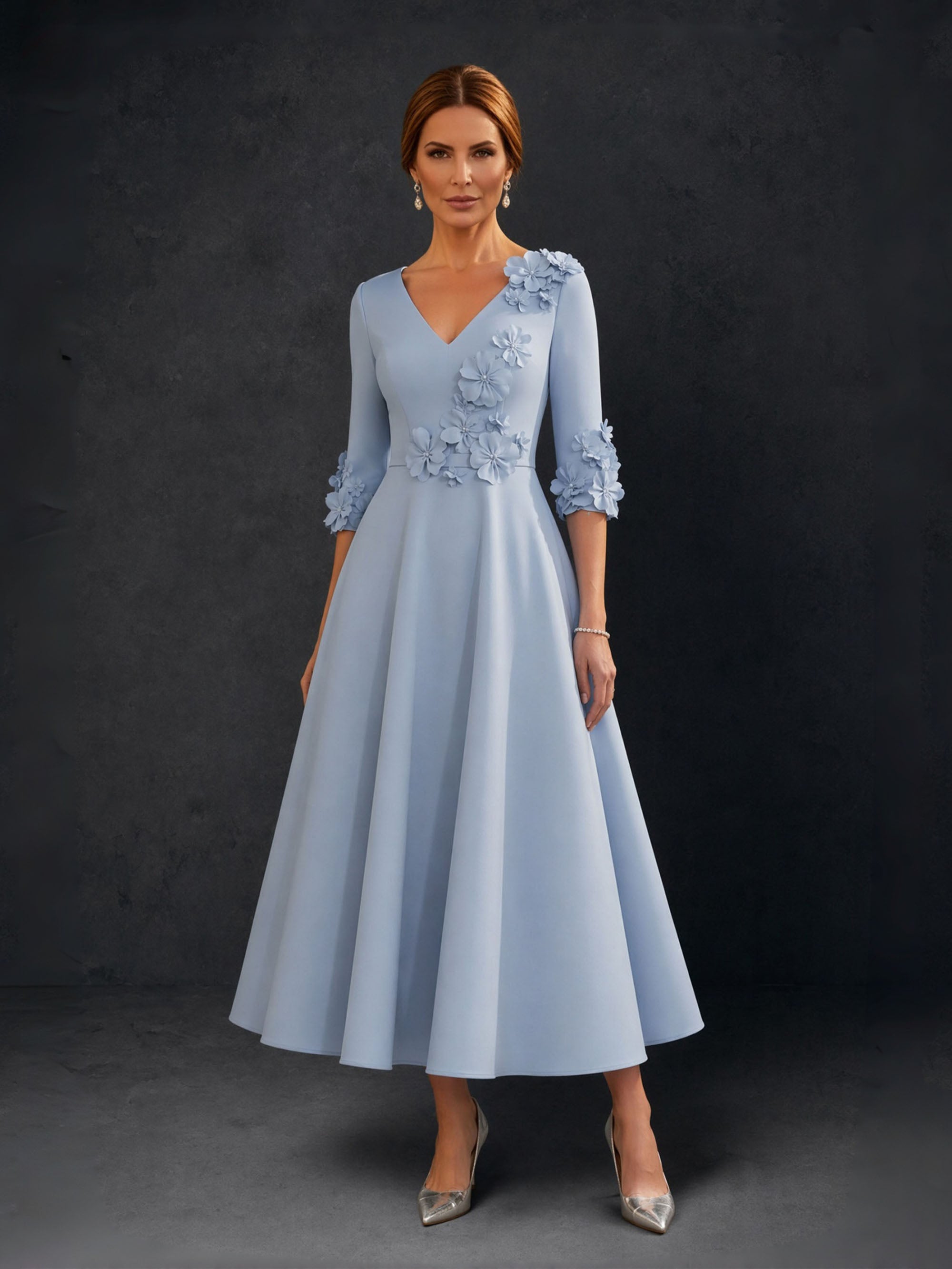 BOLODOO Dusty Blue 3D Floral V-Neck Three Quarter Sleeve A-Line Tea Length Dress - Front Full Length Static View