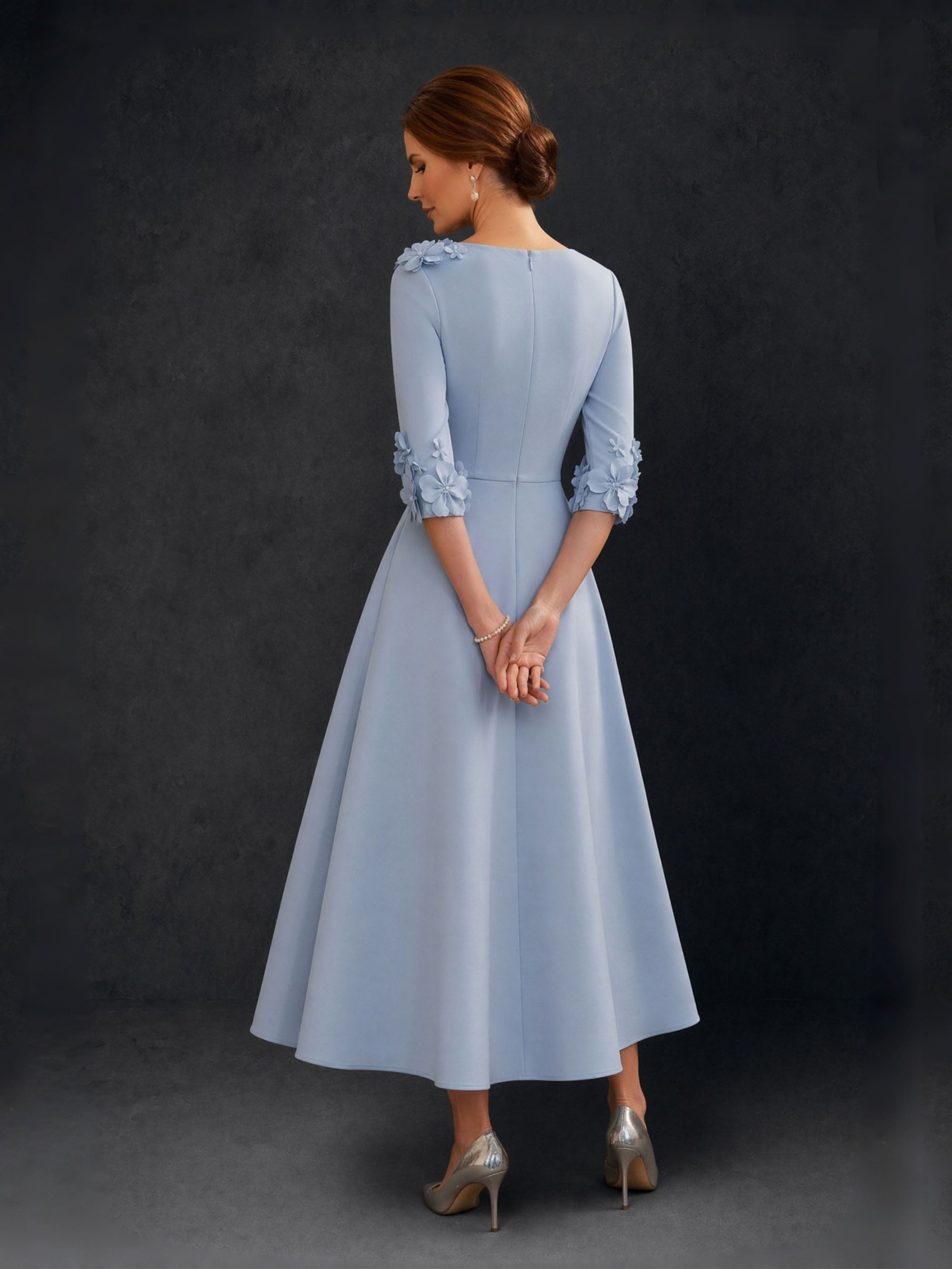 BOLODOO Dusty Blue 3D Floral V-Neck Three Quarter Sleeve A-Line Tea Length Dress - Back View showing A-Line Silhouette and 3D Floral Sleeve Cuffs