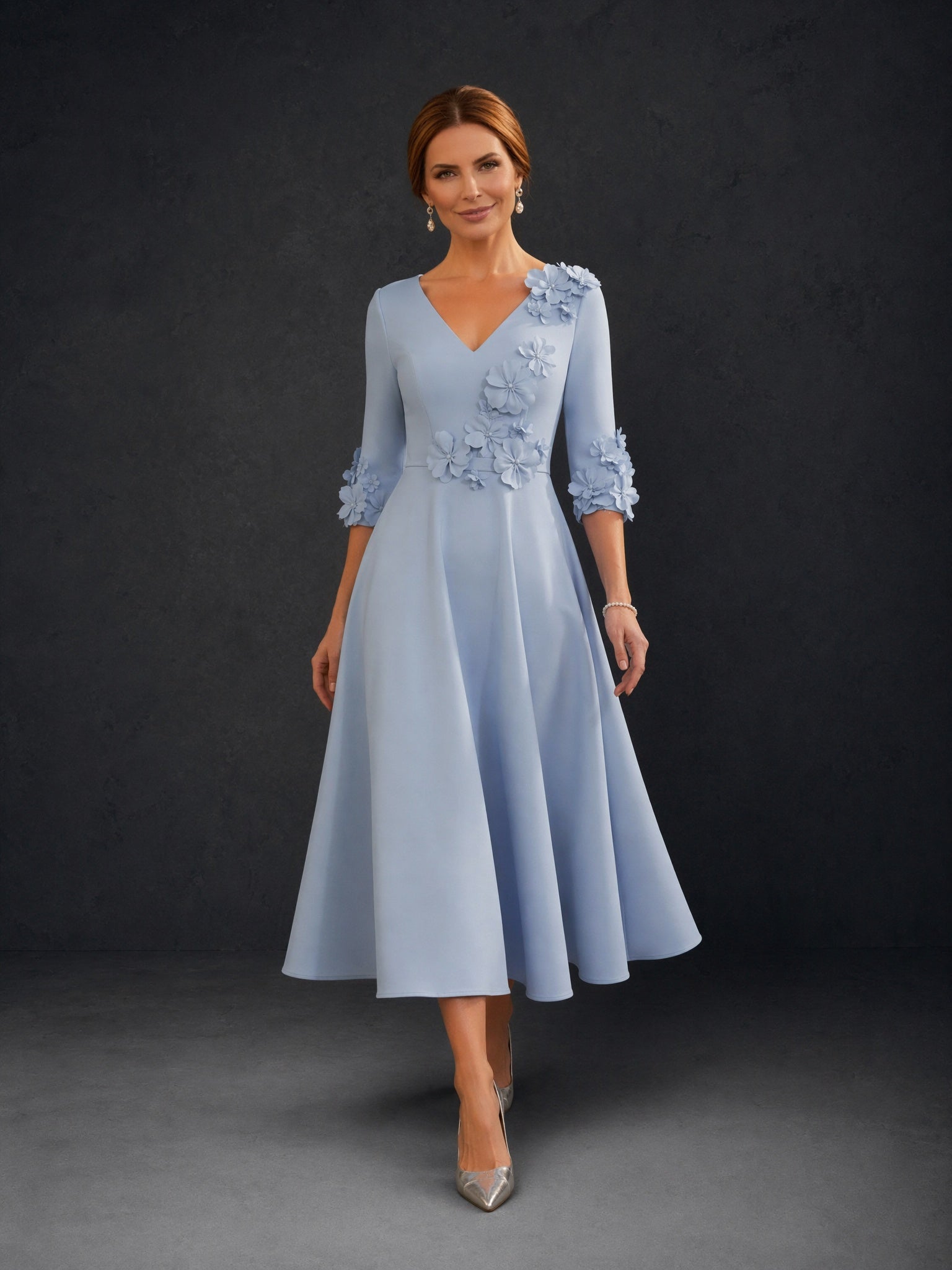 BOLODOO Dusty Blue 3D Floral V-Neck Three Quarter Sleeve A-Line Tea Length Dress - Front Full Length Smiling View
