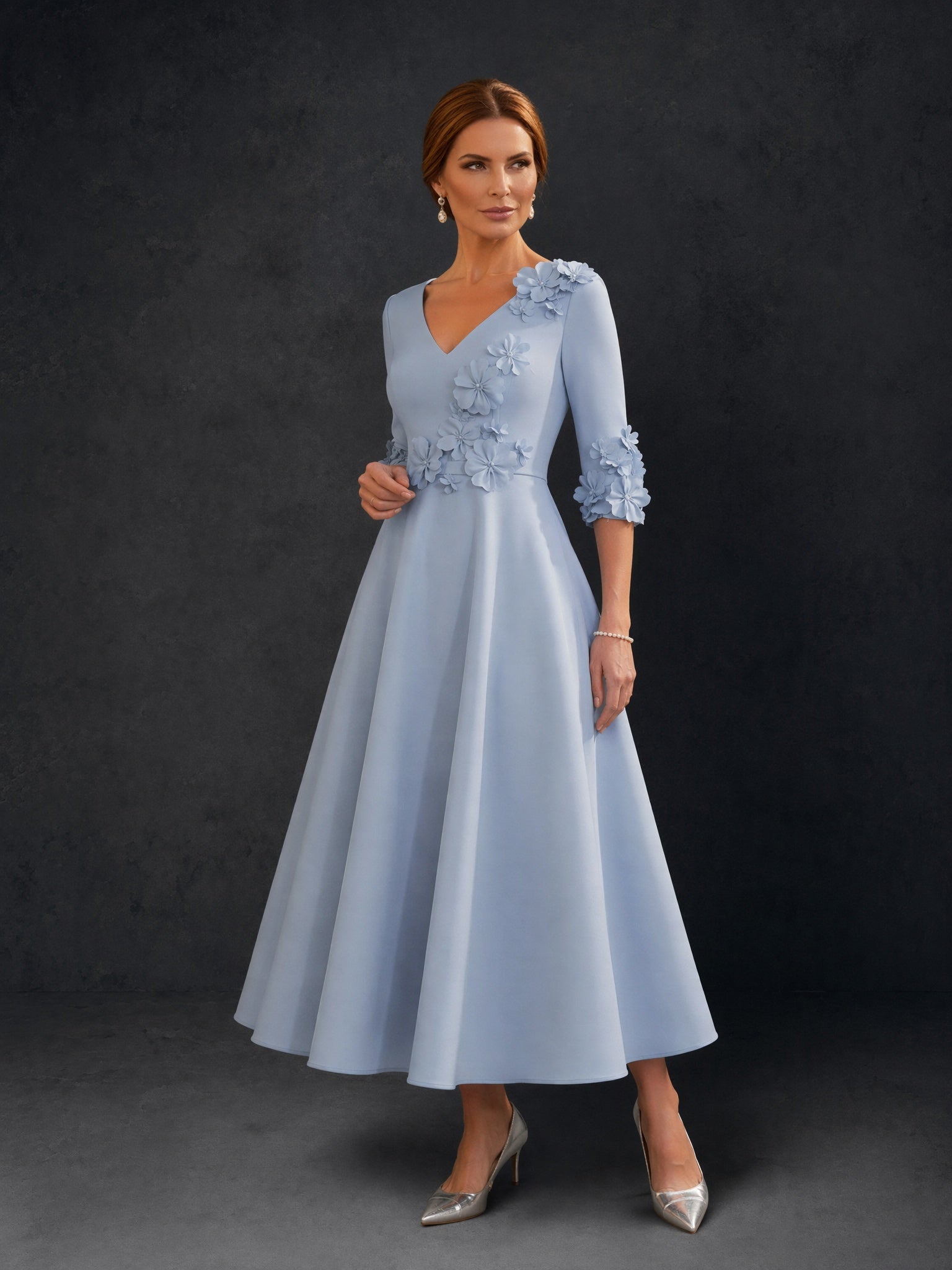 BOLODOO Dusty Blue 3D Floral V-Neck Three Quarter Sleeve A-Line Tea Length Dress - Front Full Length Side Pose