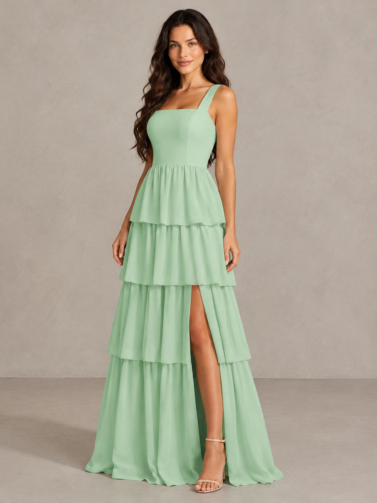 BOLODOO Mint Green Square Neck Tiered Bridesmaid Dress with Slit 